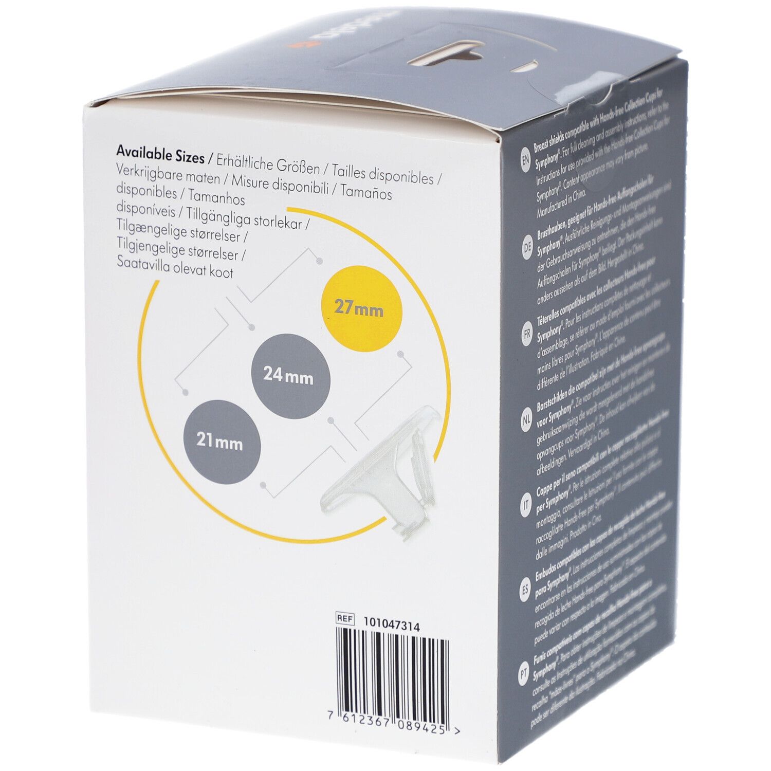 Medela-Verpackung mit Größenangaben: 21 mm, 24 mm, 27 mm. Produktname und Logo sind sichtbar. Barcode und Referenznummer.