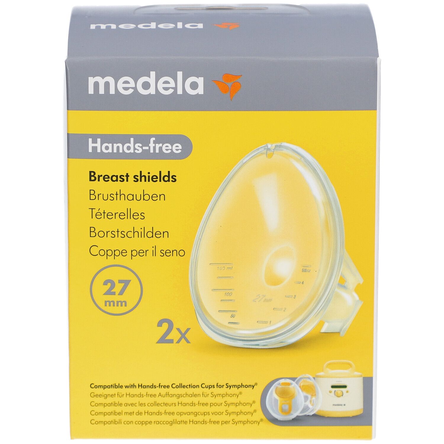 Medela Hands-free Brusthauben, 27 mm, in Verpackung. Gelbe Brusthaube mit gelber Verpackung. Produktname und Logo sichtbar.