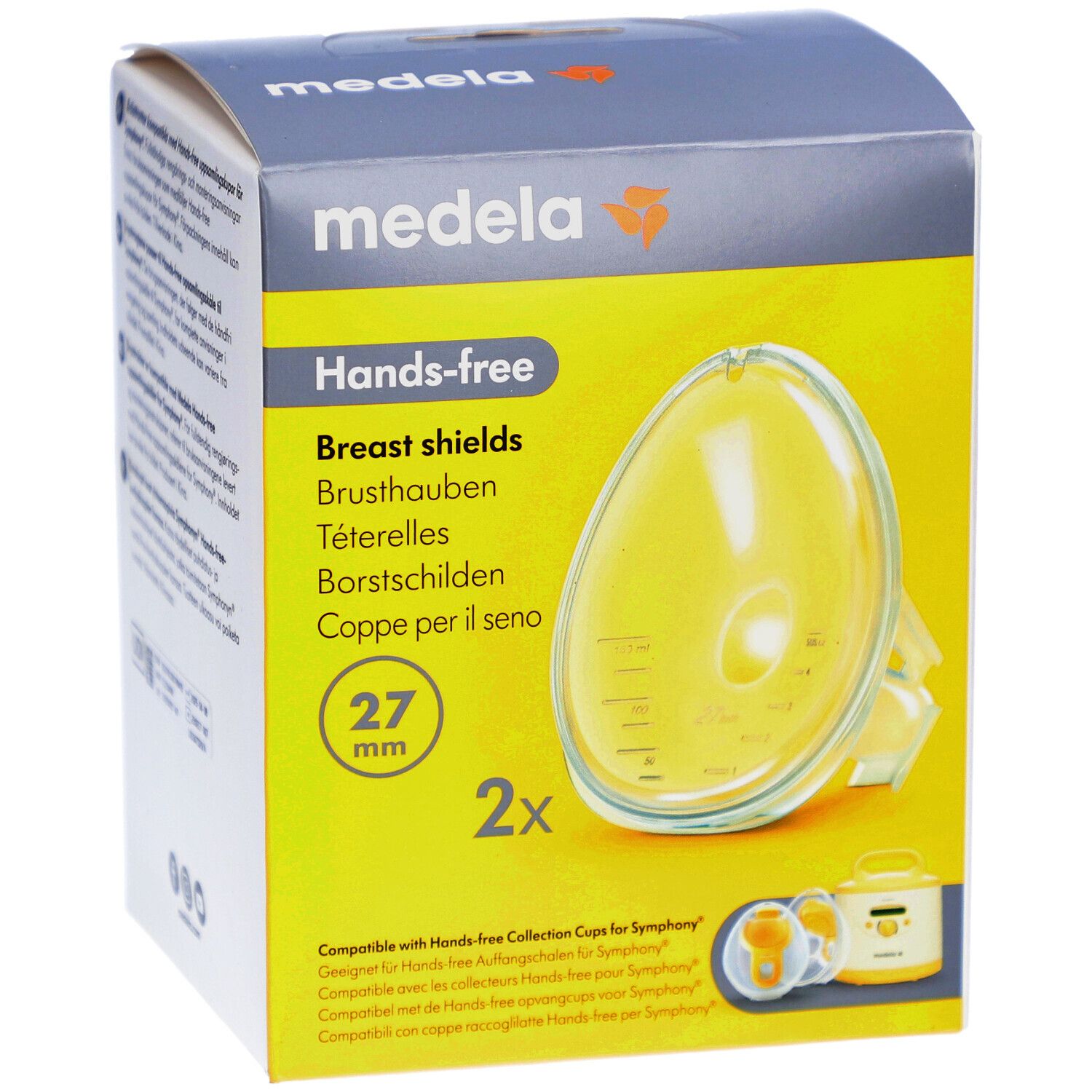 Medela Hands-free Brusthauben, 27 mm, in Verpackung. Gelbe Brusthaube mit gelber Verpackung. Produktname und Logo sichtbar.