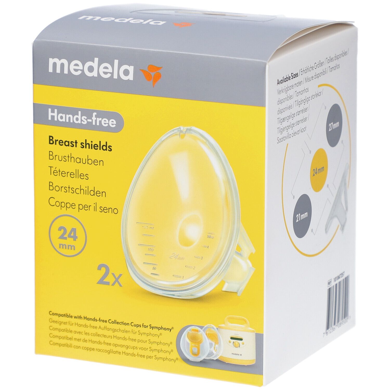 Verpackung mit Medela Hands-free Brusthauben, 24 mm. Enthält zwei Brusthauben. Gelbliche, ovale Form. Medela-Logo oben links.