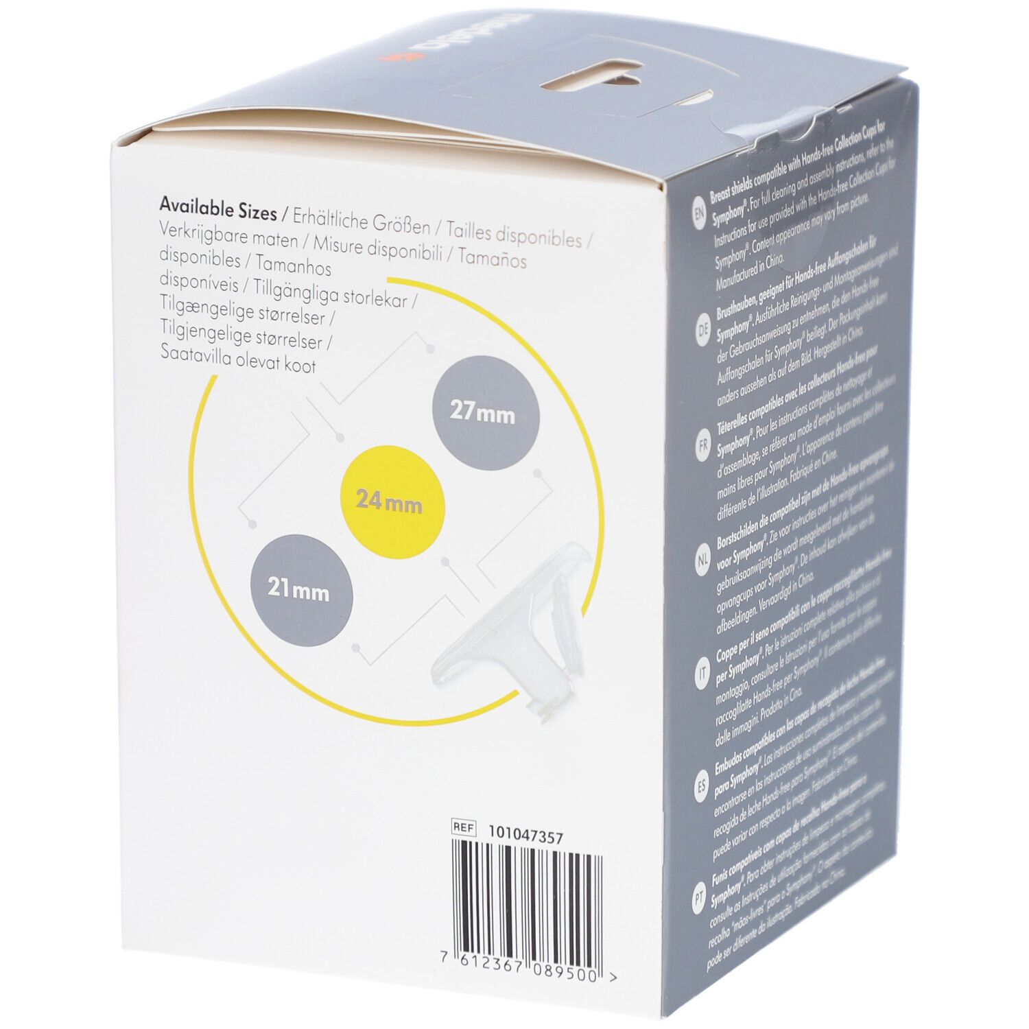 Seite der Verpackung mit Größenangaben. 21 mm, 24 mm, 27 mm. Medela-Logo. Referenznummer.