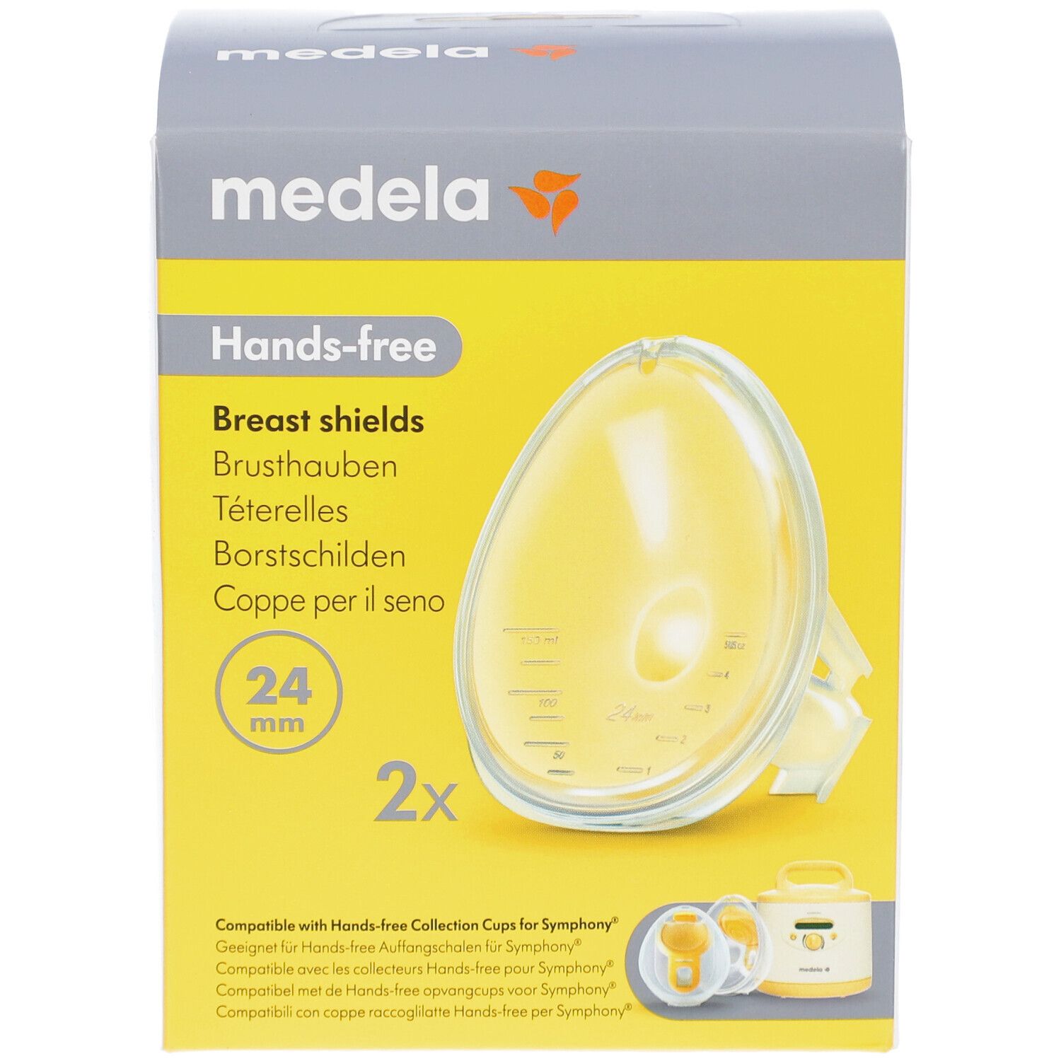 Vorderseite der Verpackung. Medela Hands-free Brusthauben, 24 mm. Zwei Brusthauben abgebildet. Gelbliche, ovale Form.