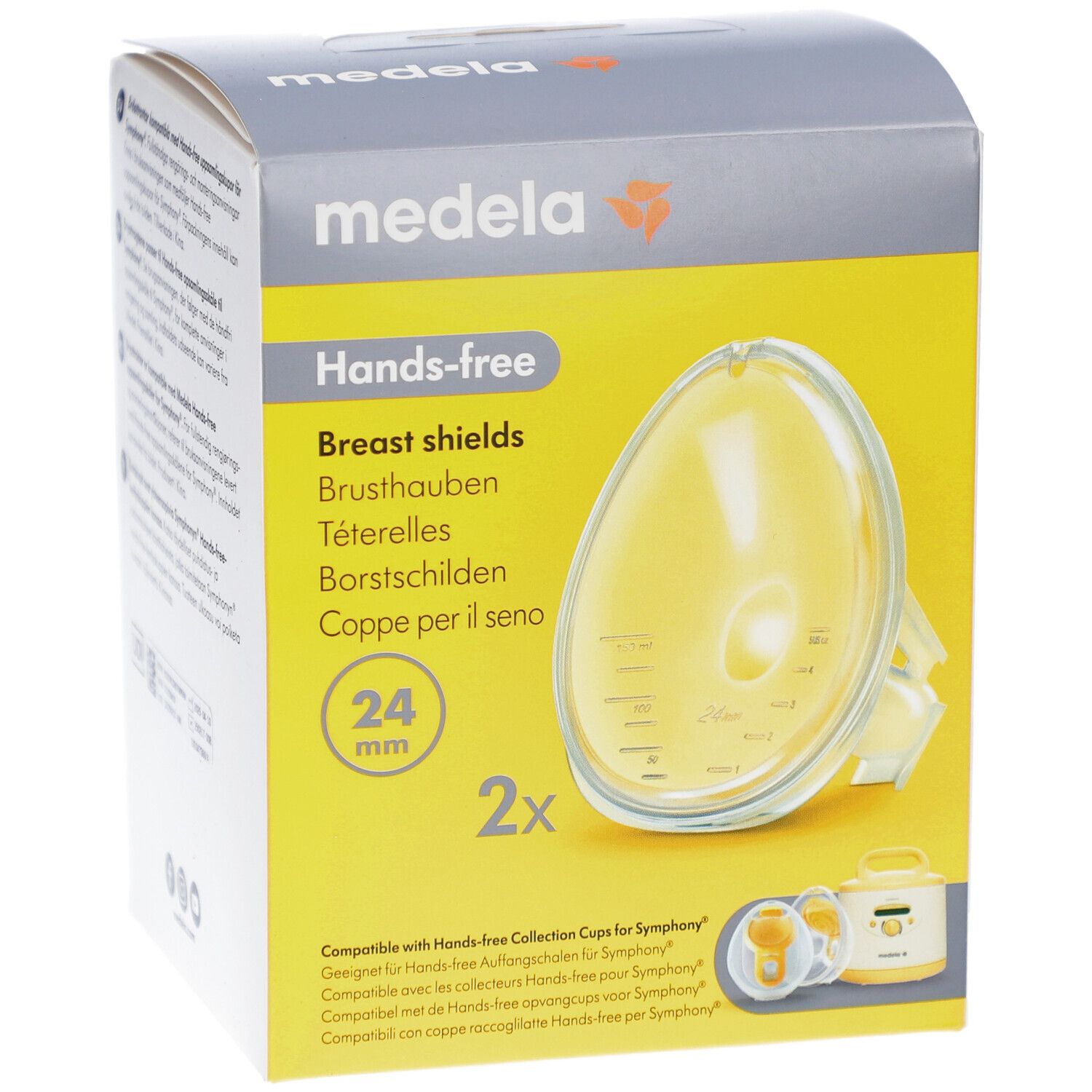 Vorderseite der Verpackung. Medela Hands-free Brusthauben, 24 mm. Zwei Brusthauben abgebildet. Gelbliche, ovale Form.