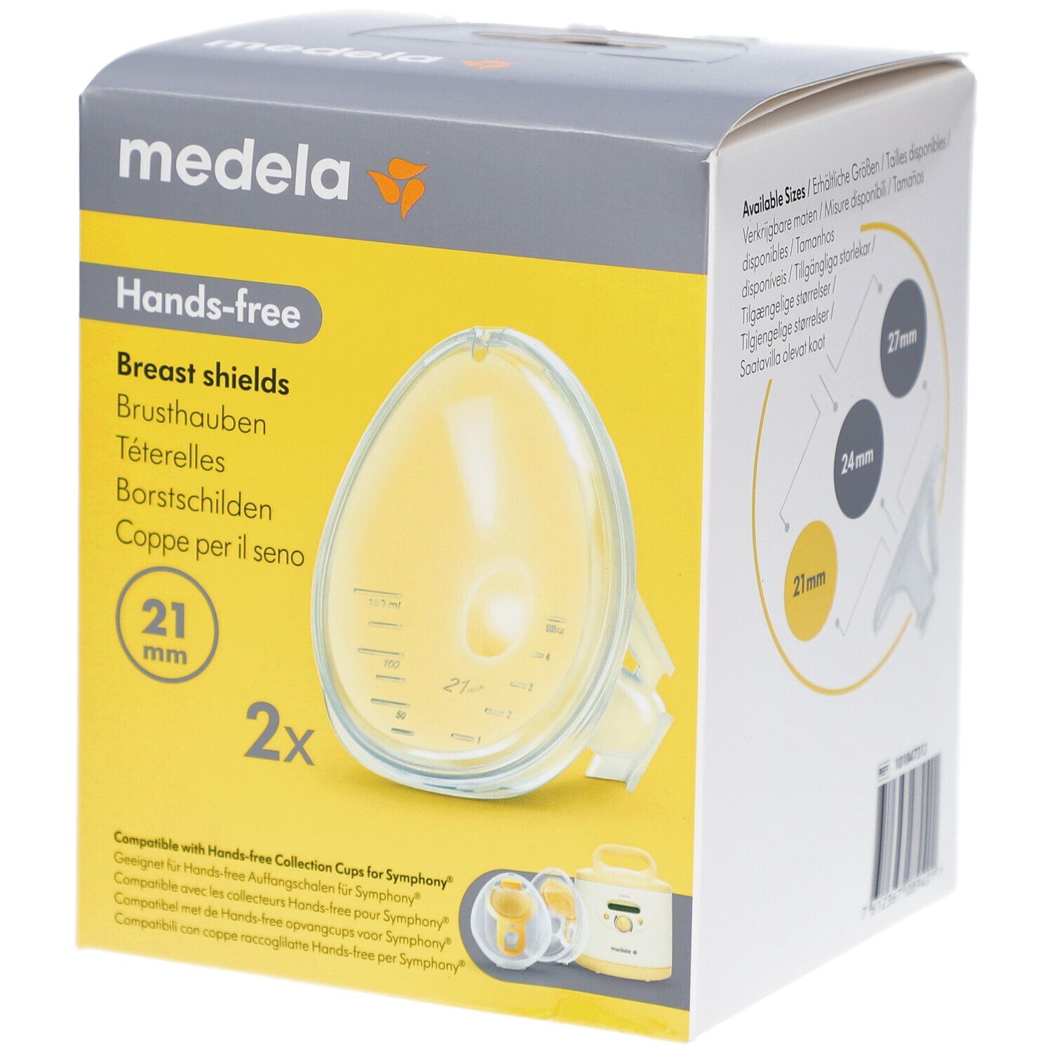 Medela Hands-free Brusthauben, 21 mm, in Verpackung. Gelbe, ovale Form. 2 Stück. Kompatibel mit Hands-free Auffangbechern für Symphony.