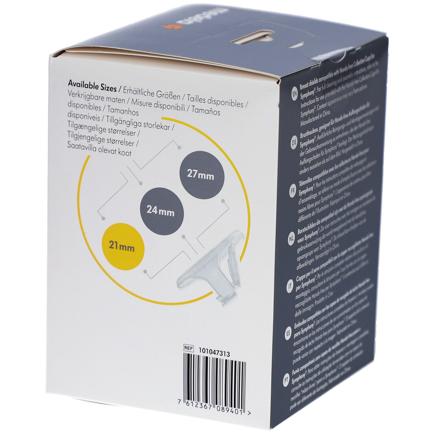 Seite der Medela Hands-free Verpackung. Größenangaben: 21 mm, 24 mm, 27 mm. Produktnummer. Barcode.