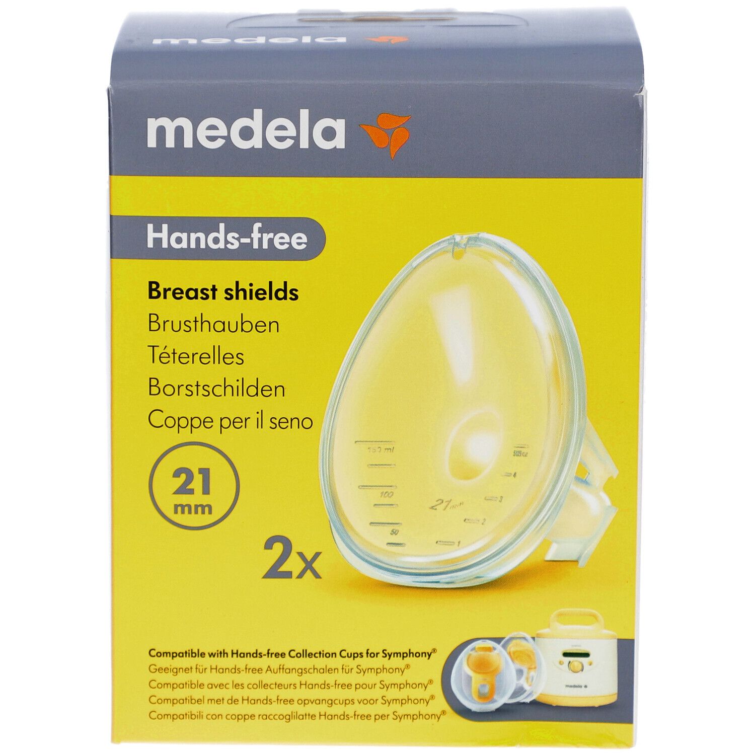 Medela Hands-free Brusthauben, 21 mm, in Verpackung. Gelbe, ovale Form. 2 Stück. Kompatibel mit Hands-free Auffangbechern für Symphony.