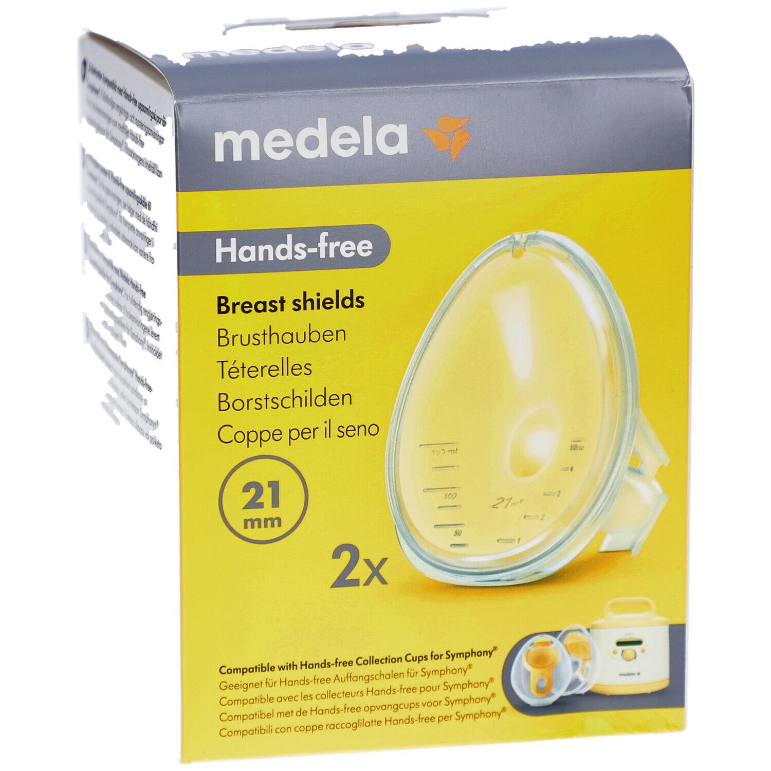 Medela Hands-free Brusthauben, 21 mm, in Verpackung. Gelbe, ovale Form. 2 Stück. Kompatibel mit Hands-free Auffangbechern für Symphony.