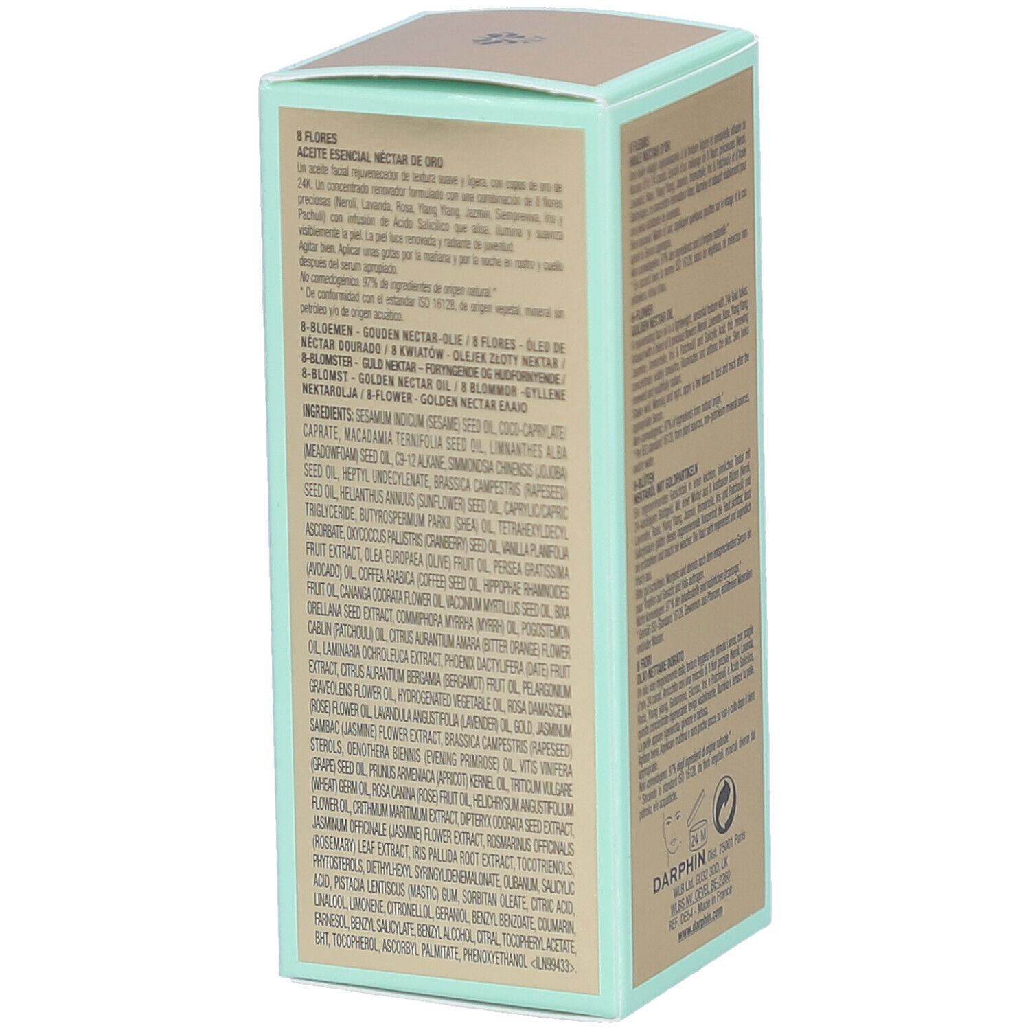 Seite der Darphin-Verpackung. Text in mehreren Sprachen. Inhaltsstoffe und Informationen zum Produkt.