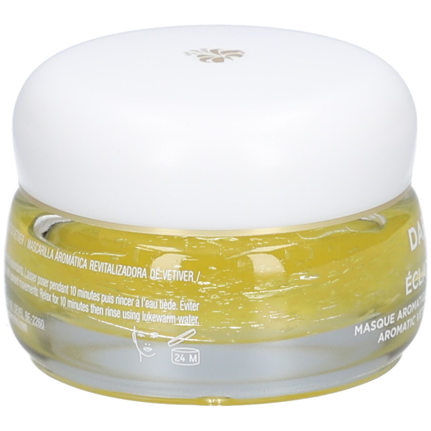 Glasbehälter mit gelber Creme und weißem Deckel. Text: Mascarilla Aromática Revitalizadora de Vetiver. 24M-Symbol.