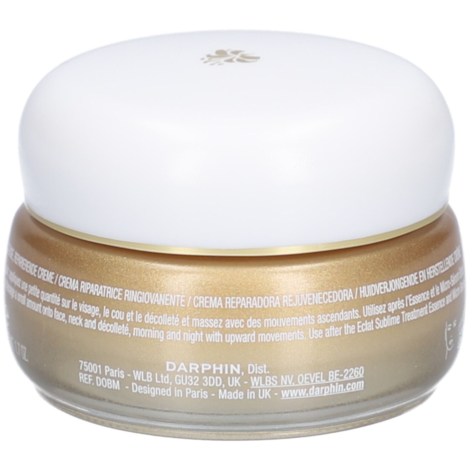 Creme-Glas mit weißem Deckel. Goldfarbene Creme. Beschriftung: DERMAFORA ÉCLAT SUBLIME Crème Réparation Revitalisante.
