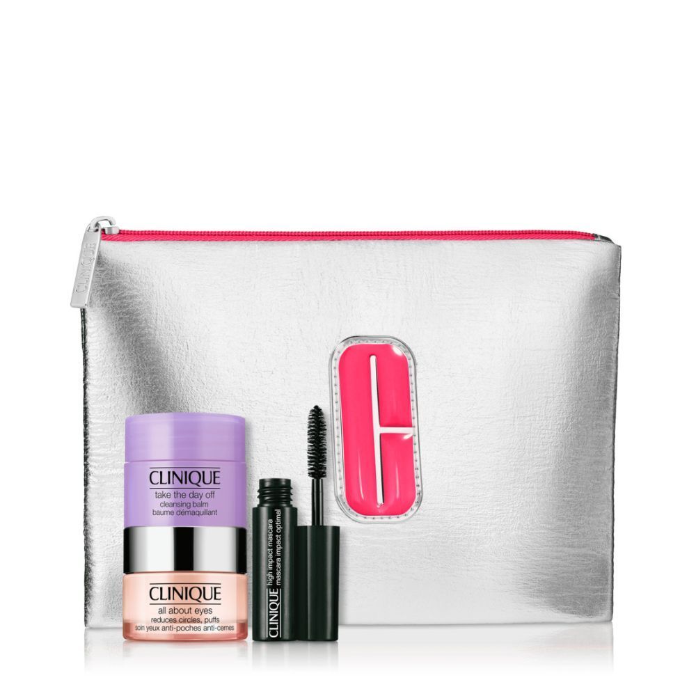 Silberne Kosmetiktasche mit rosa Reißverschluss und Clinique-Logo. Enthält Augencreme, Mascara und Augen-Make-up-Entferner.