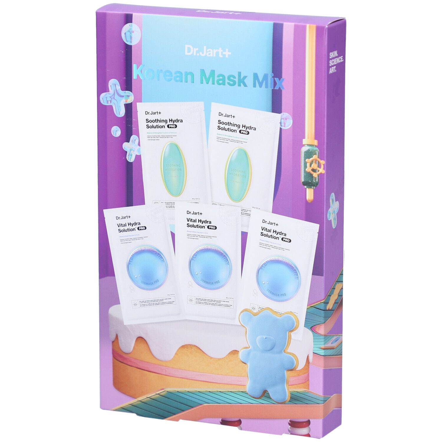 Verpackung mit Masken. Enthält Maskenpackungen in Grün und Blau. Aufschrift: Korean Mask Mix.