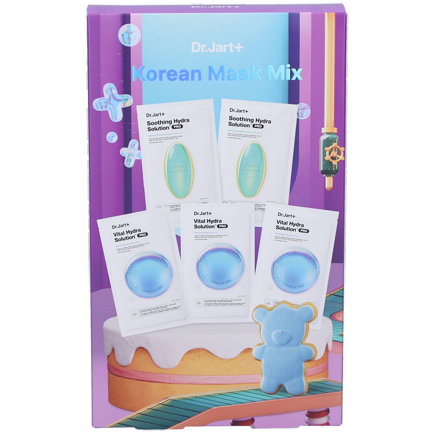 Verpackung mit Masken. Enthält Maskenpackungen in Grün und Blau. Aufschrift: Korean Mask Mix.