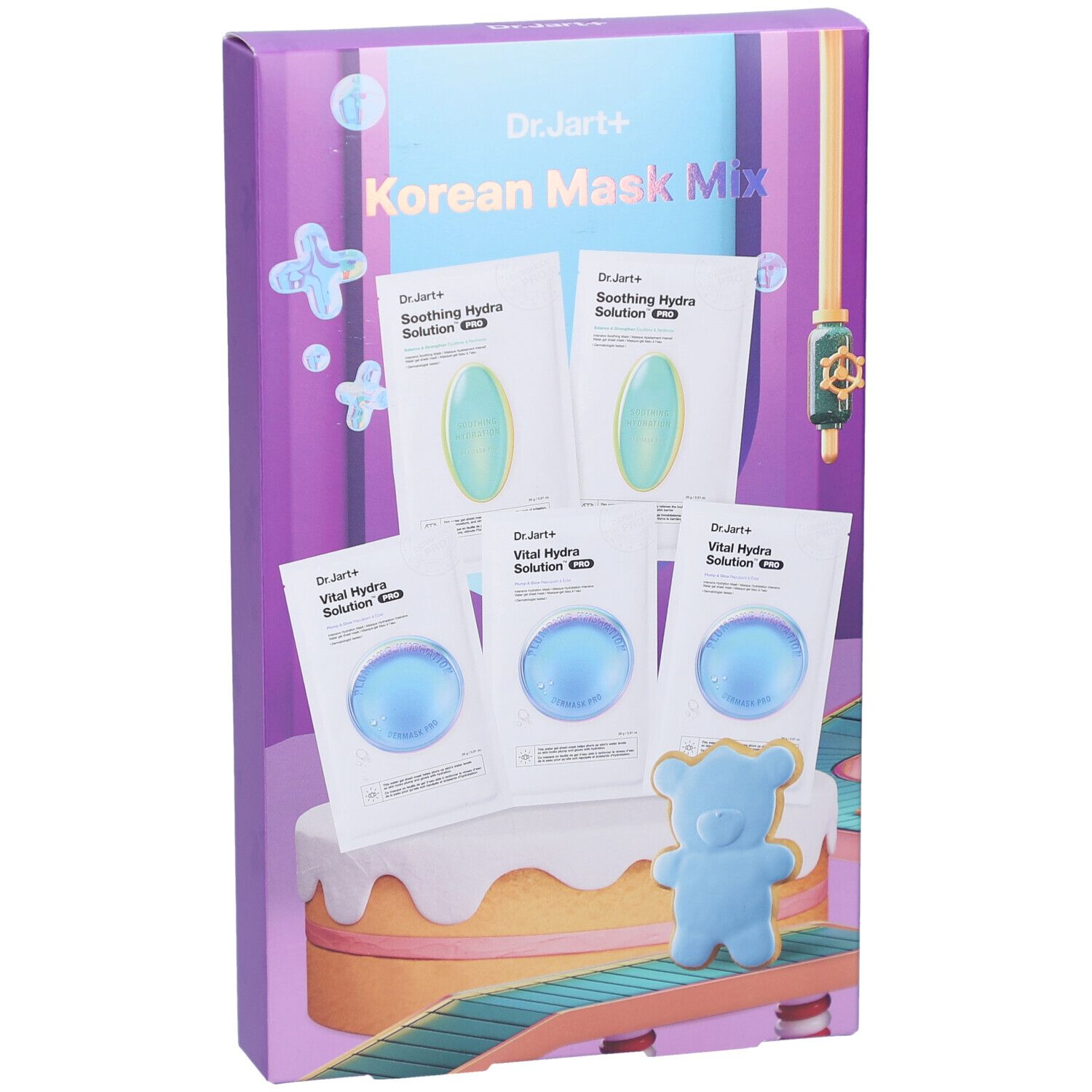 Verpackung mit Masken. Enthält Maskenpackungen in Grün und Blau. Aufschrift: Korean Mask Mix.