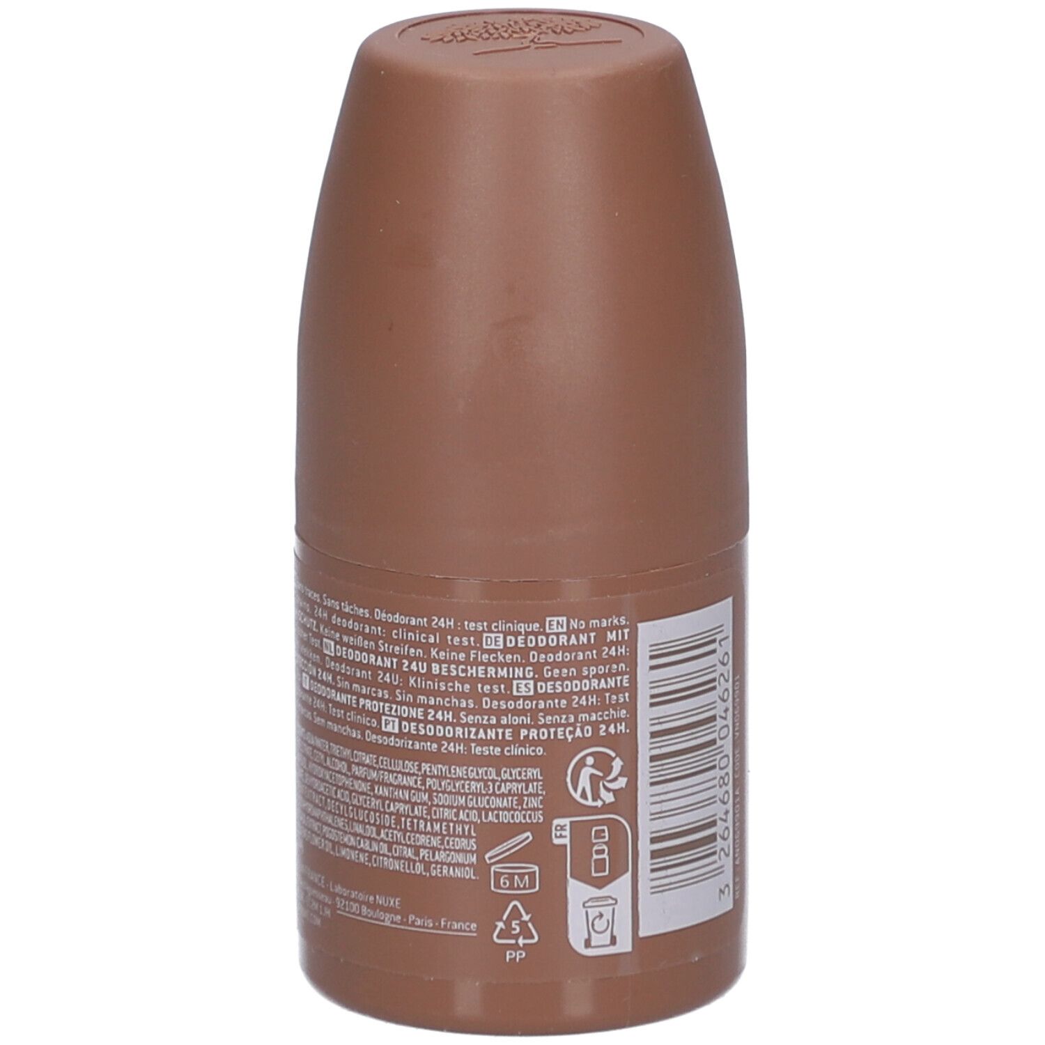 Brauner Roll-On-Deodorant. Text auf der Rückseite, Inhaltsstoffe.