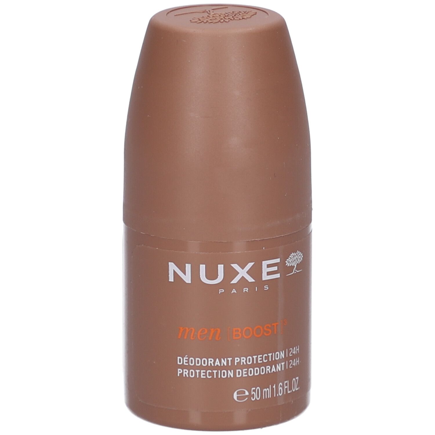 Brauner Roll-On-Deodorant. Aufschrift: NUXE, men BOOST, 24H Schutz. 50 ml.
