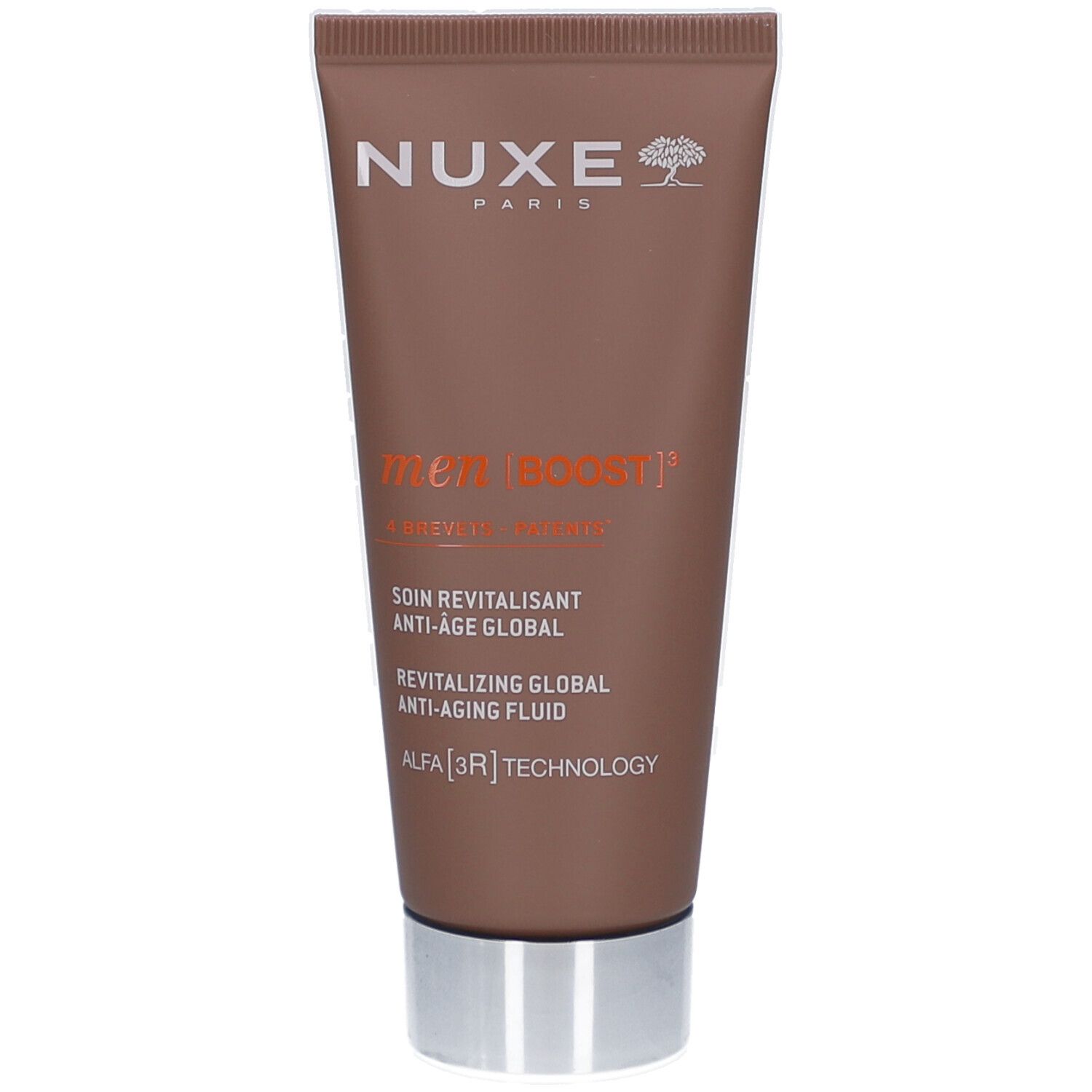 Nuxe Men Boost Revitalisierende Pflege Anti-Aging Global Tube mit silbernem Verschluss.