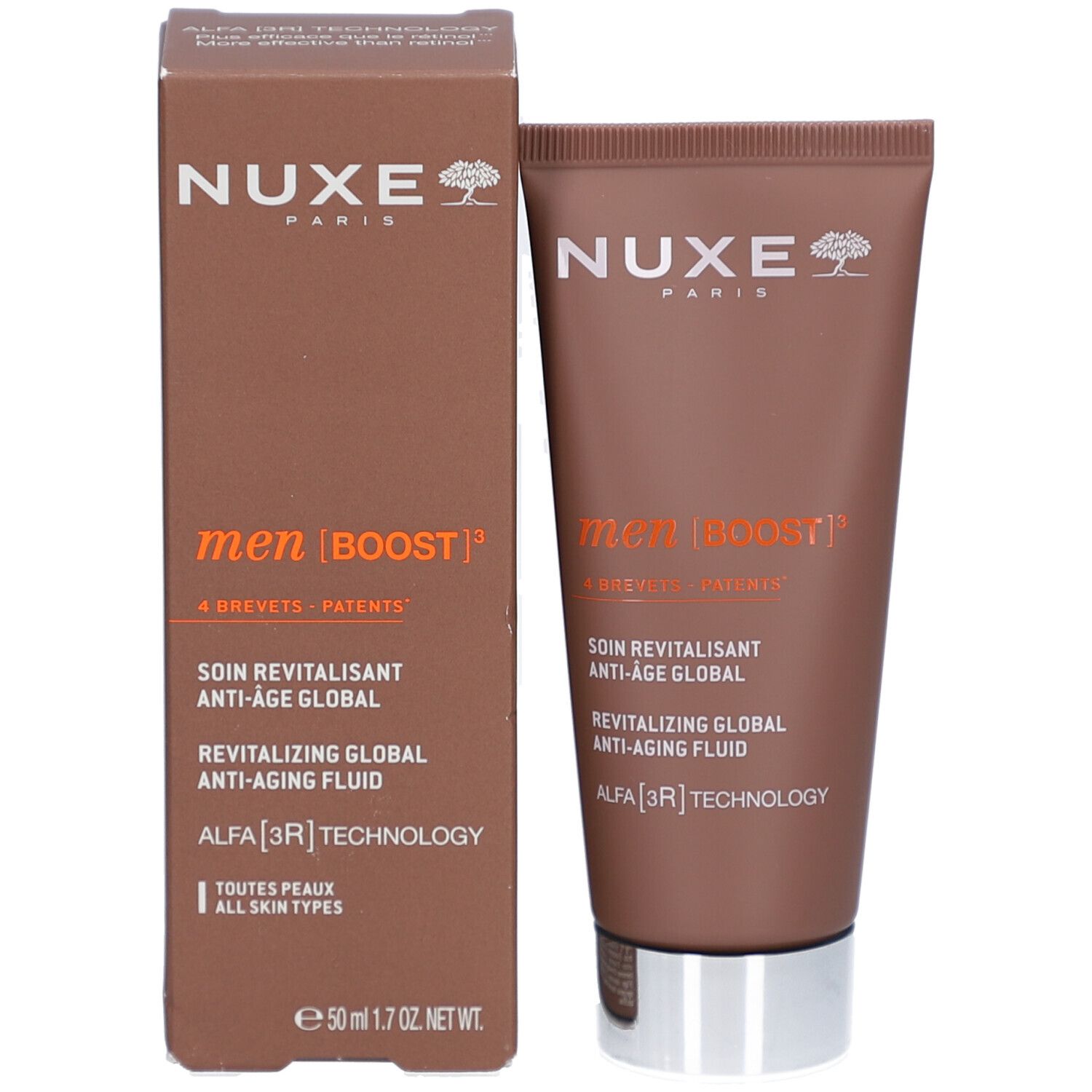 Nuxe Men Boost Tube und Faltschachtel, beide mit Produktinformationen.