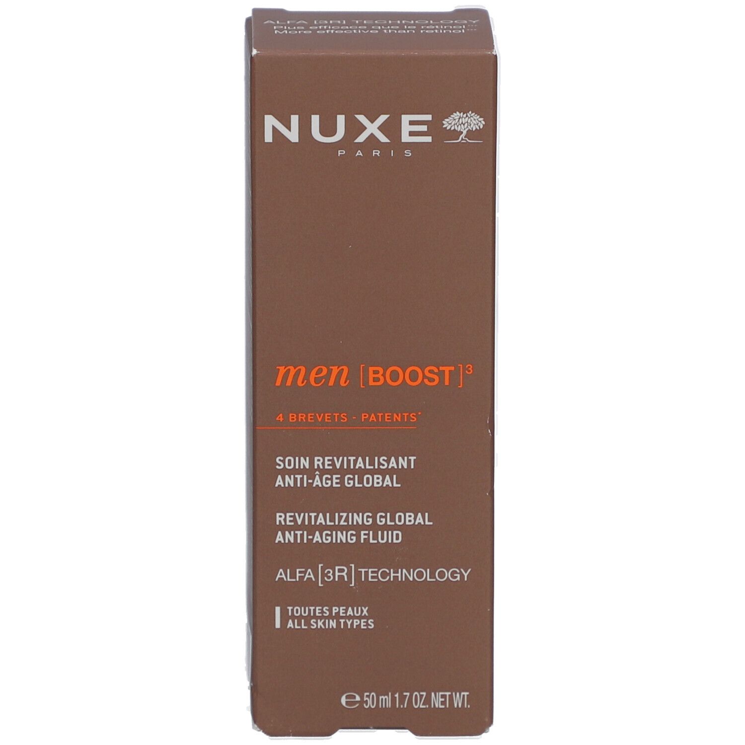 Nuxe Men Boost Faltschachtel mit Vorderseite und Seitenansicht.