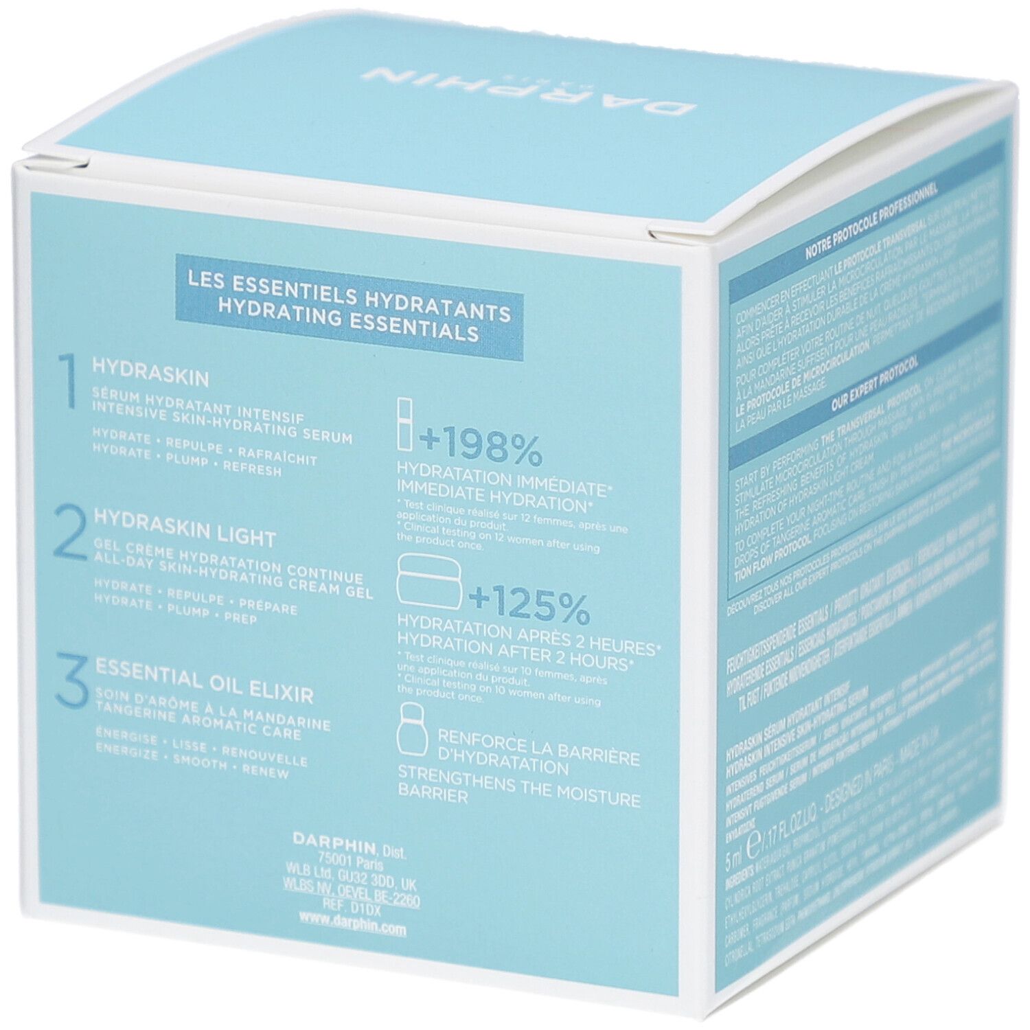 Rückseite der Geschenkbox. Text in mehreren Sprachen. Aufschrift: Darphin Paris, Hydrating Essentials. Hellblaue Verpackung.