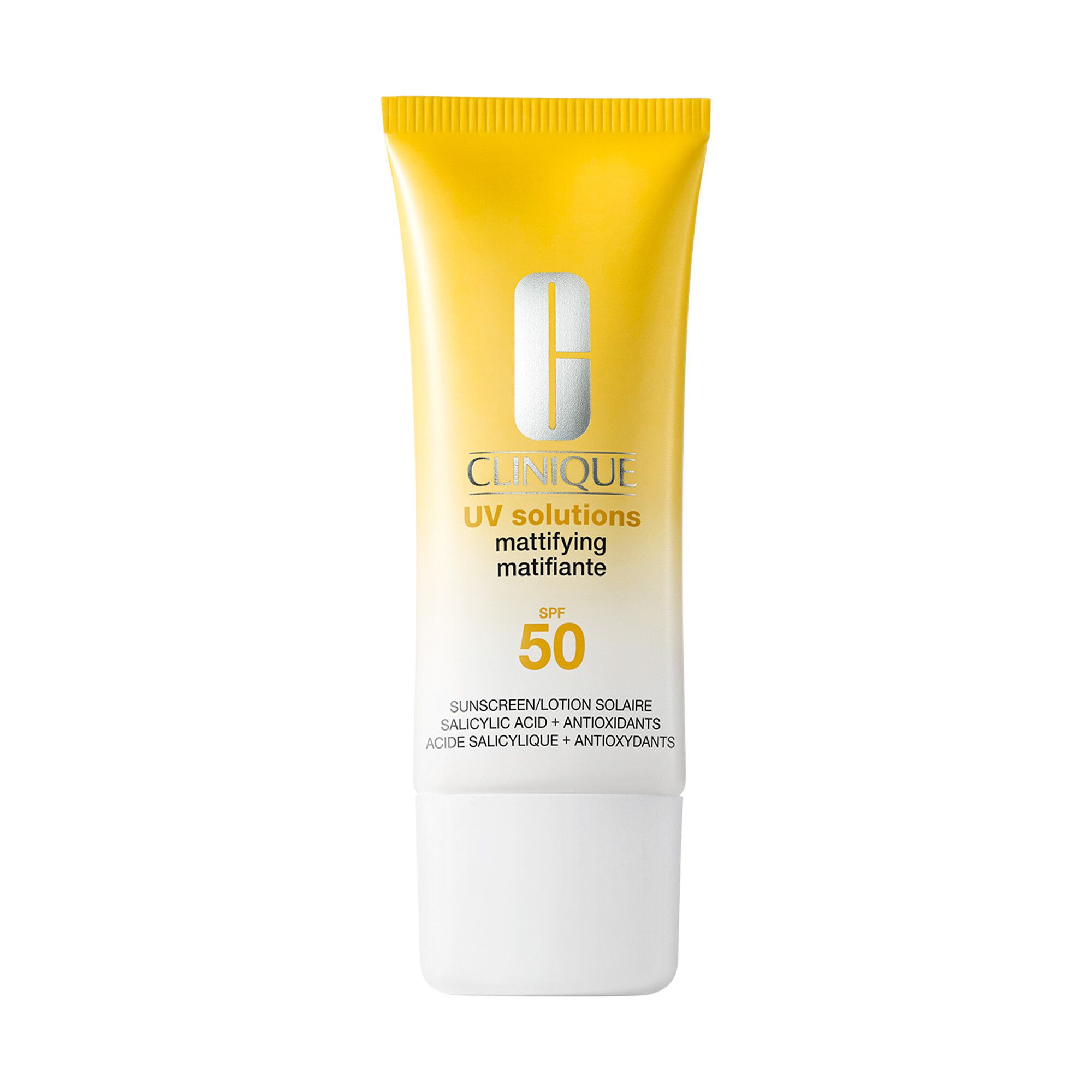 Gelbe Tube mit Clinique UV Solutions, mattierende Sonnencreme SPF 50. Weißer Deckel, Logo und Text.