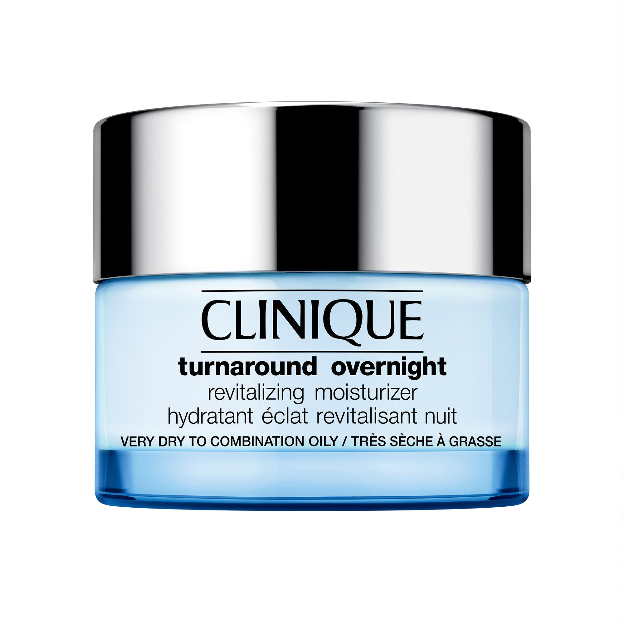 Blaues Tiegel mit silbernem Deckel. Aufschrift: Clinique Turnaround Overnight revitalizing moisturizer.