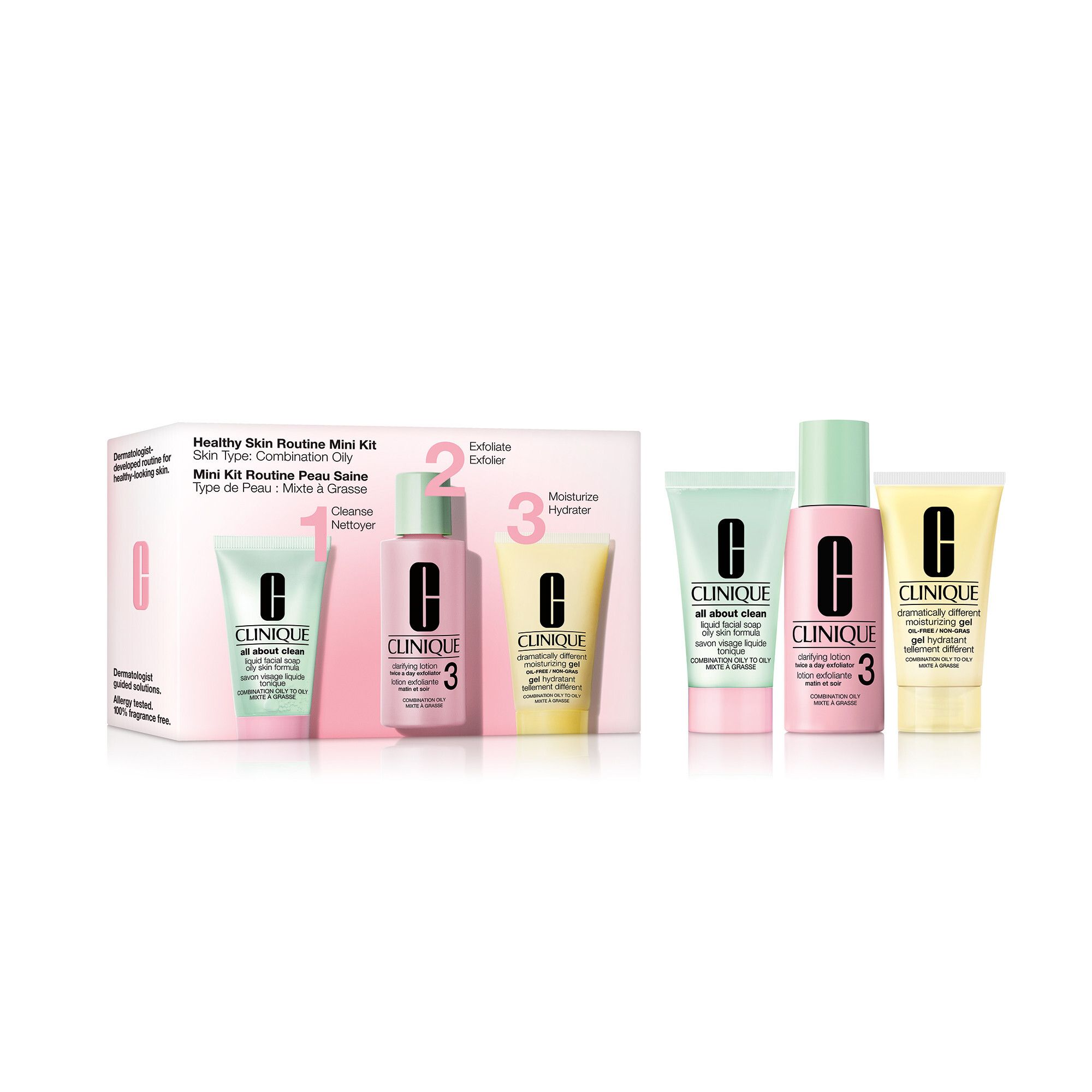 Gesundheits-Routine Mini-Kit. Enthält Reiniger, Lotion und Feuchtigkeitspflege. Für Mischhaut bis fettige Haut.