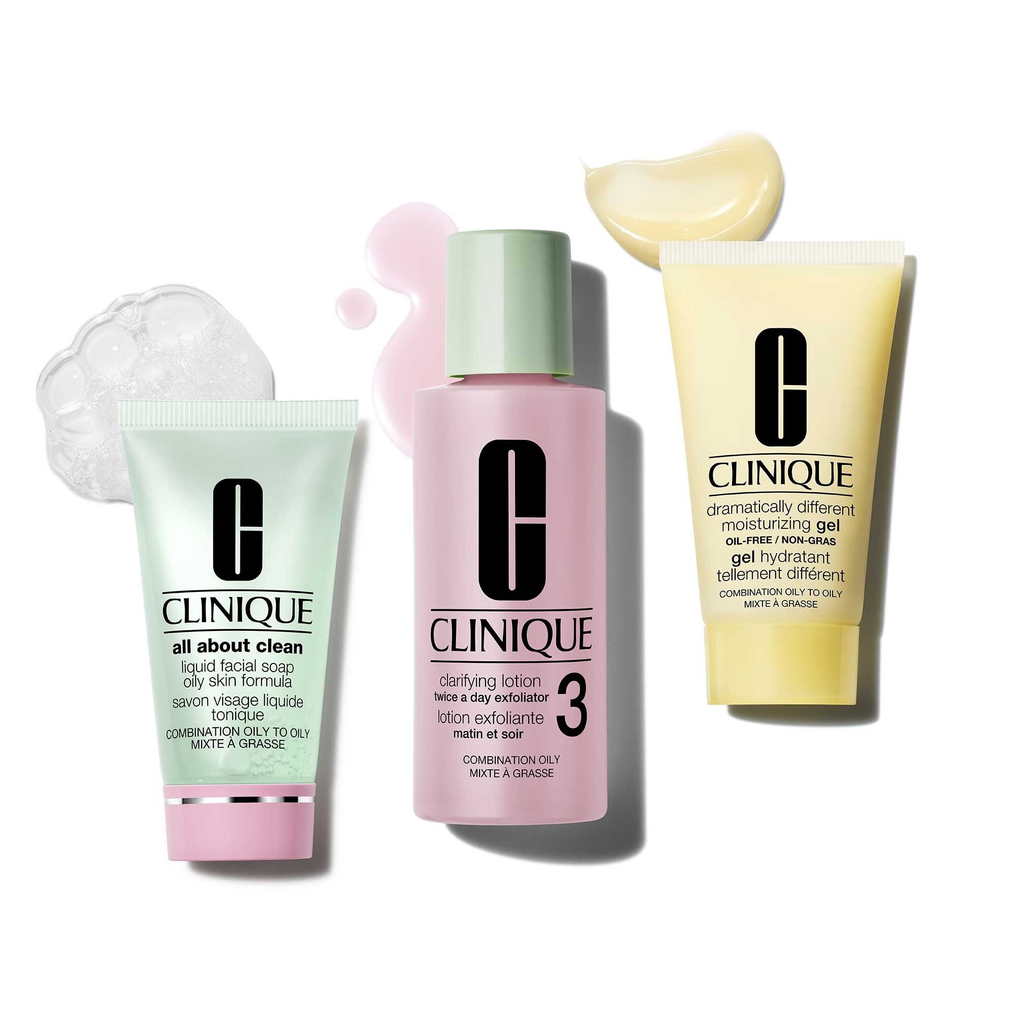 Drei Produkte: Reiniger, Lotion und Feuchtigkeitspflege. Für Mischhaut bis fettige Haut. Marke Clinique.