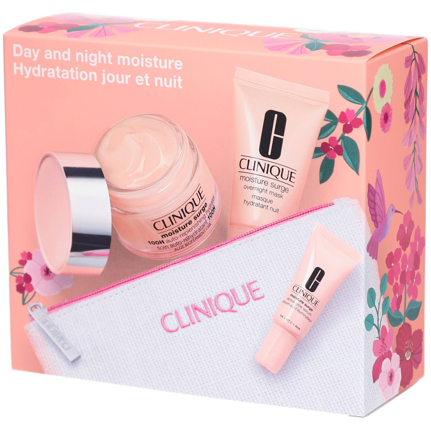 Geschenkset mit Clinique-Produkten. Enthält Tiegel, Tuben und eine Kosmetiktasche. Verpackung mit Blumenmuster.