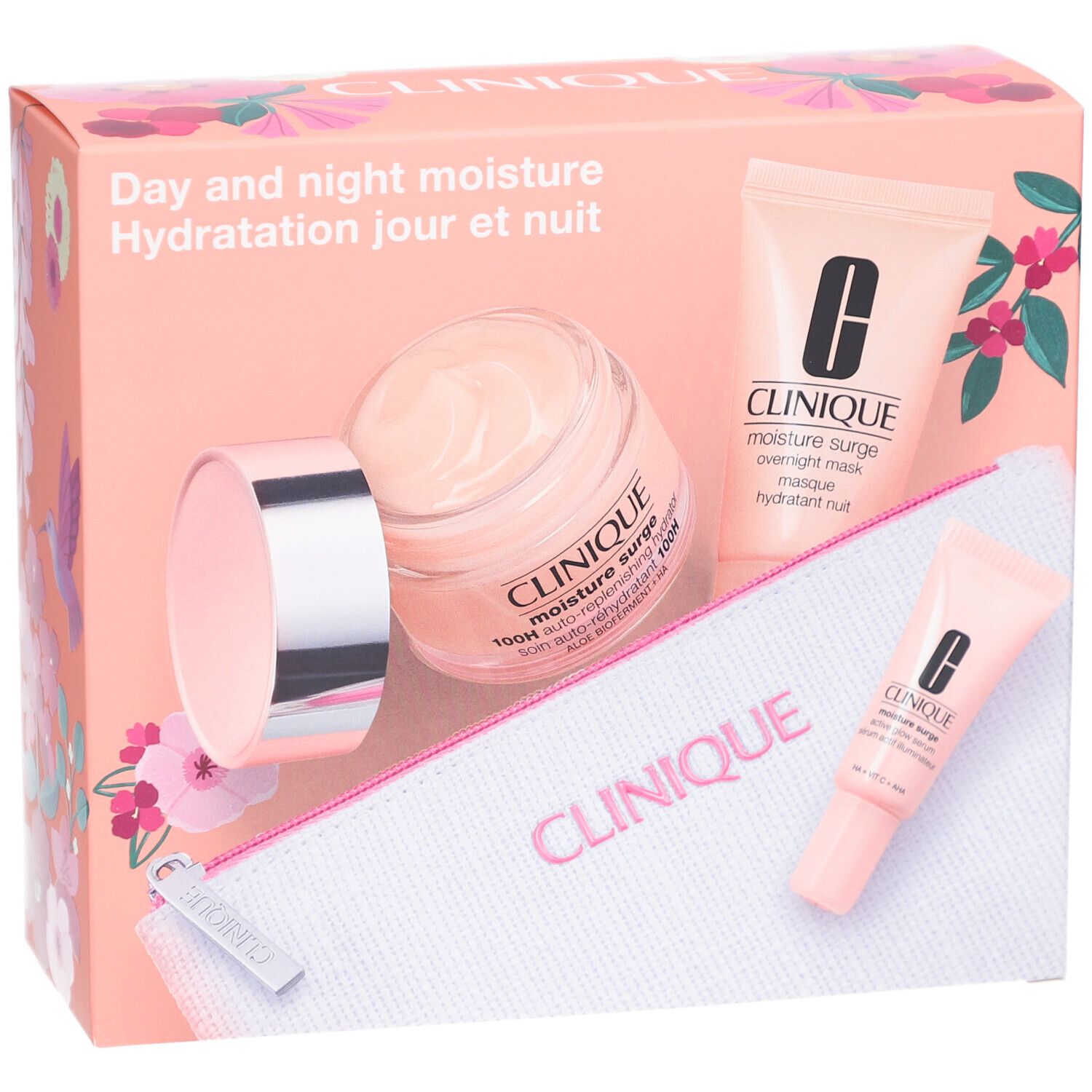 Geschenkset mit Clinique-Produkten. Enthält Tiegel, Tuben und eine Kosmetiktasche. Rosa und weiß.