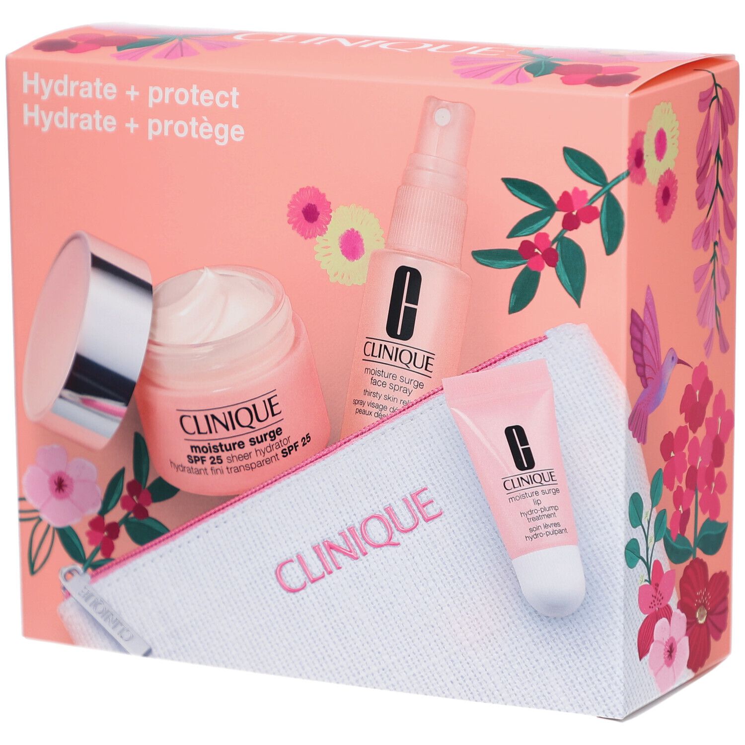 Geschenkset mit Produkten. Enthält Creme, Spray, Lippenpflege und Kosmetiktasche. Verpackung mit Blumenmuster und Schriftzug.