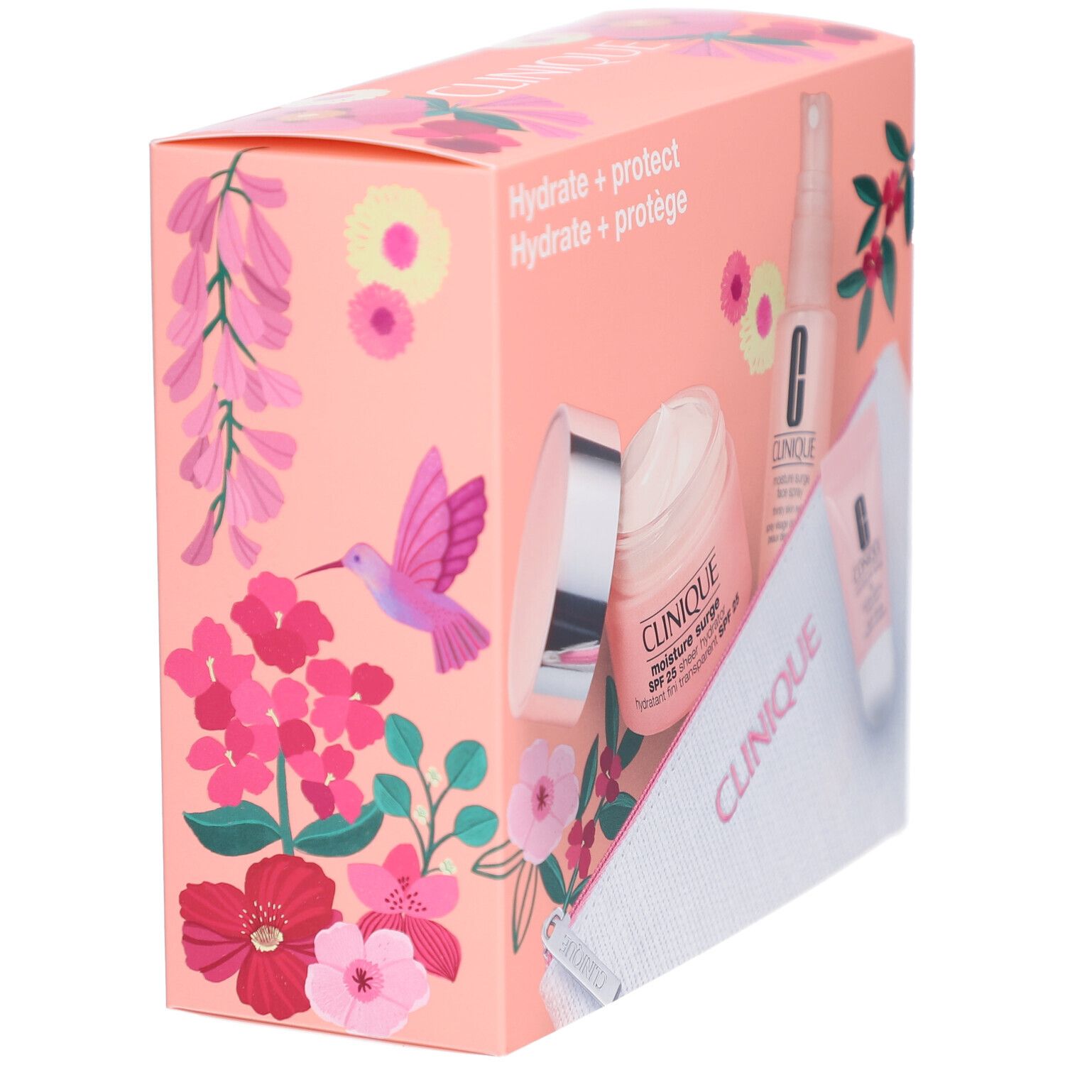 Geschenkbox mit Produkten. Rosa Box mit Blumenmuster und Schriftzug. Enthält Creme, Spray, Lippenpflege und Kosmetiktasche.