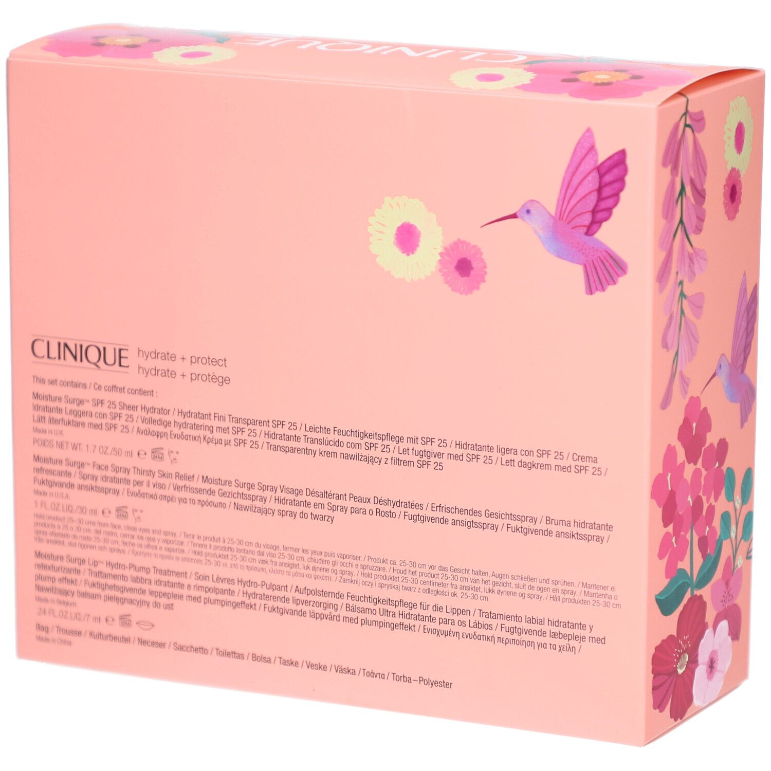 Rückseite der Geschenkbox. Rosa Box mit Produktinformationen und floralem Muster. Text in mehreren Sprachen.
