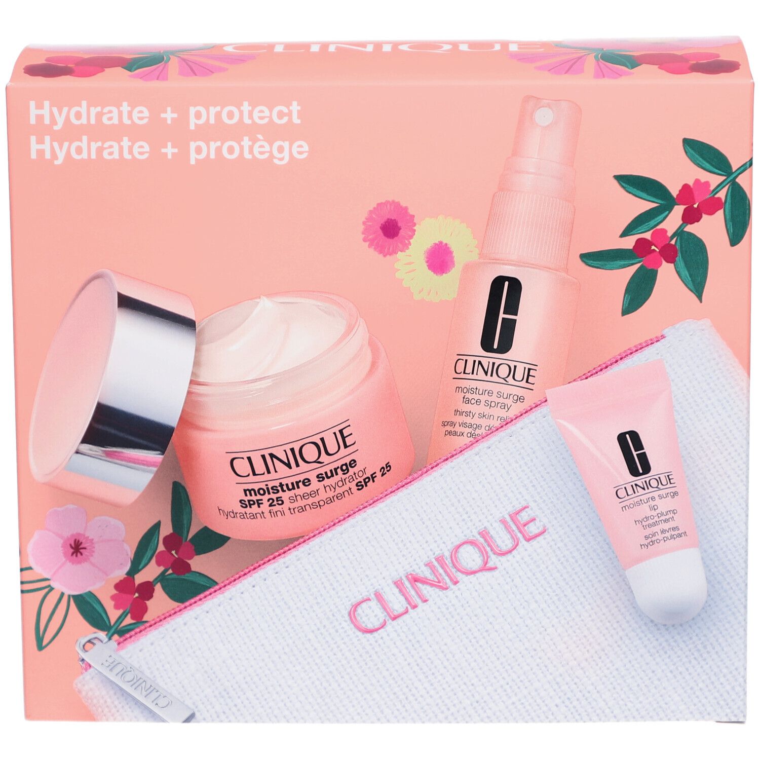 Geschenkset mit Produkten. Enthält Creme, Spray, Lippenpflege und Kosmetiktasche. Rosa Verpackung mit Schriftzug.