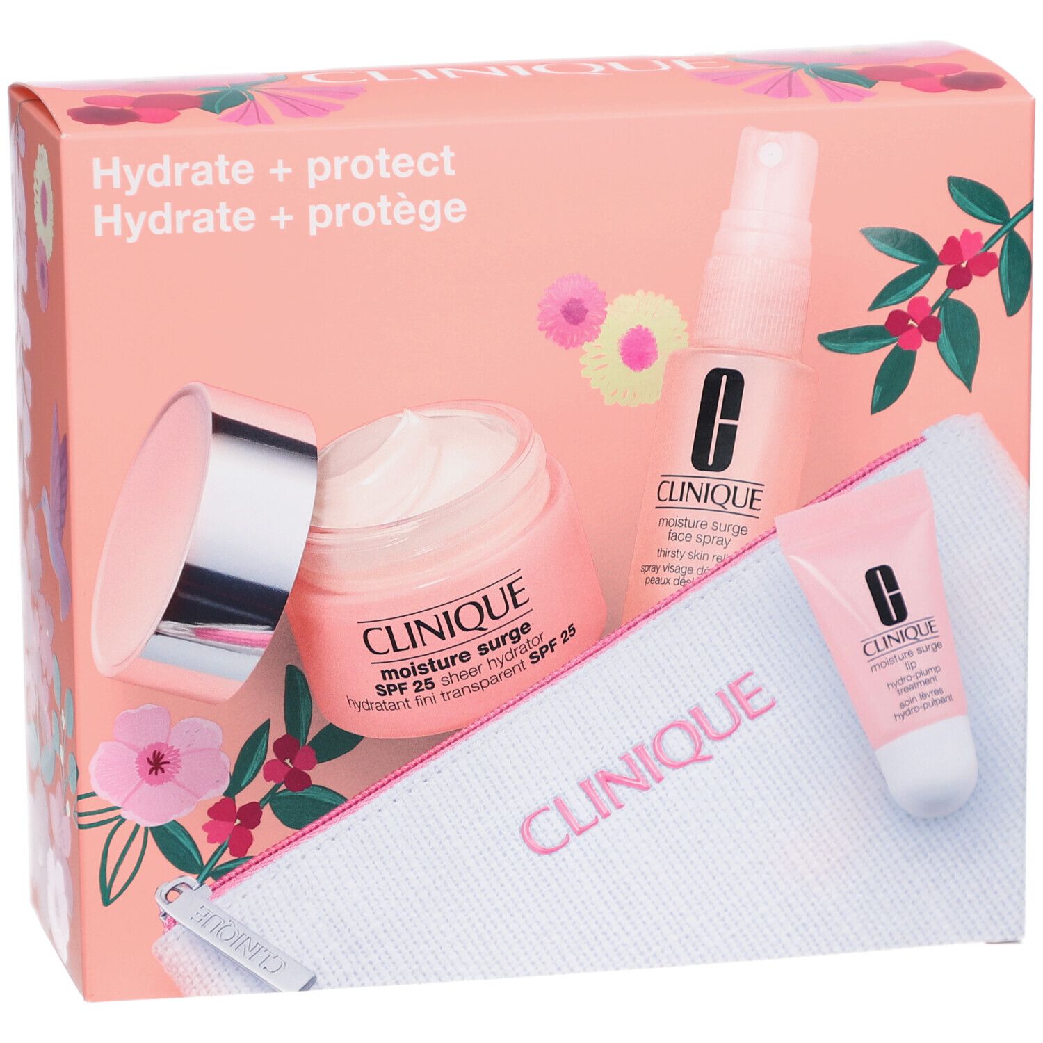 Geschenkset mit Produkten. Enthält Creme, Spray, Lippenpflege und Kosmetiktasche. Rosa Verpackung mit Schriftzug.