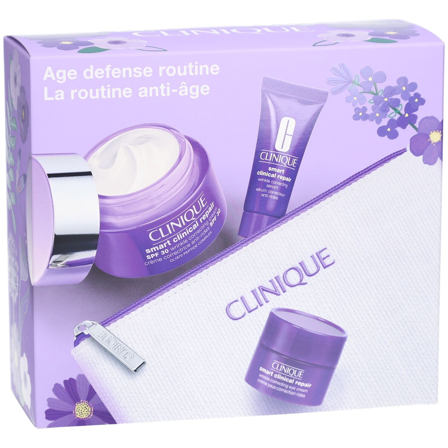 Geschenkset mit Cremes, Tube und Kosmetiktasche. Lila Verpackung. Marke Clinique.