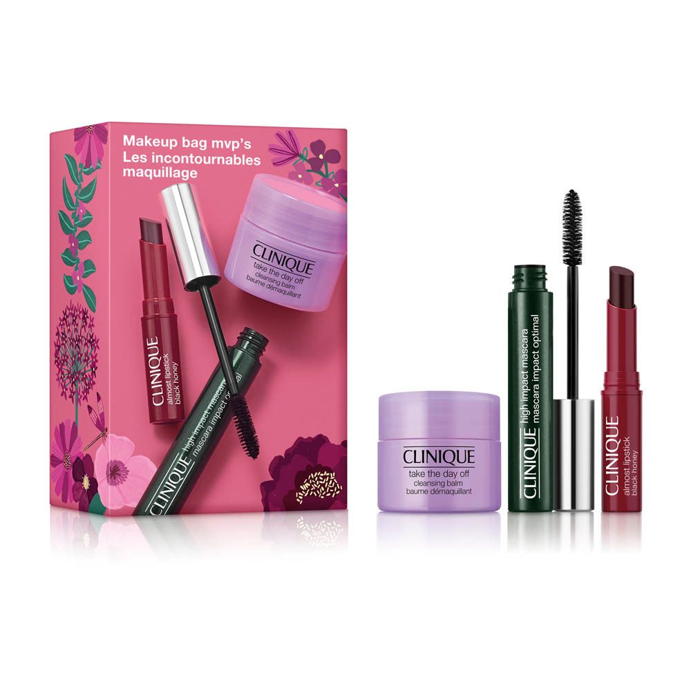 Ein Kosmetikset mit Mascara, Lippenstift und zwei Cremetiegeln in einer Geschenkbox.