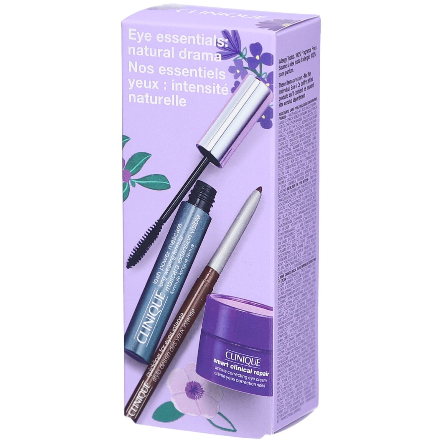 Lila Geschenkbox mit Mascara, Eyeliner und Augencreme. Aufschrift: Eye essentials: natural drama. Clinique-Logo sichtbar.