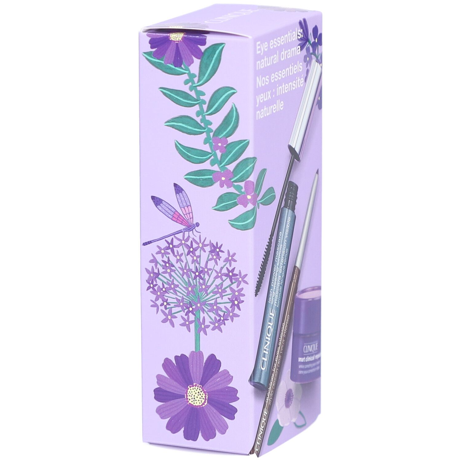 Lila Geschenkbox, schräg gestellt. Aufschrift: Eye essentials: natural drama. Abbildung von Mascara, Eyeliner und Augencreme.