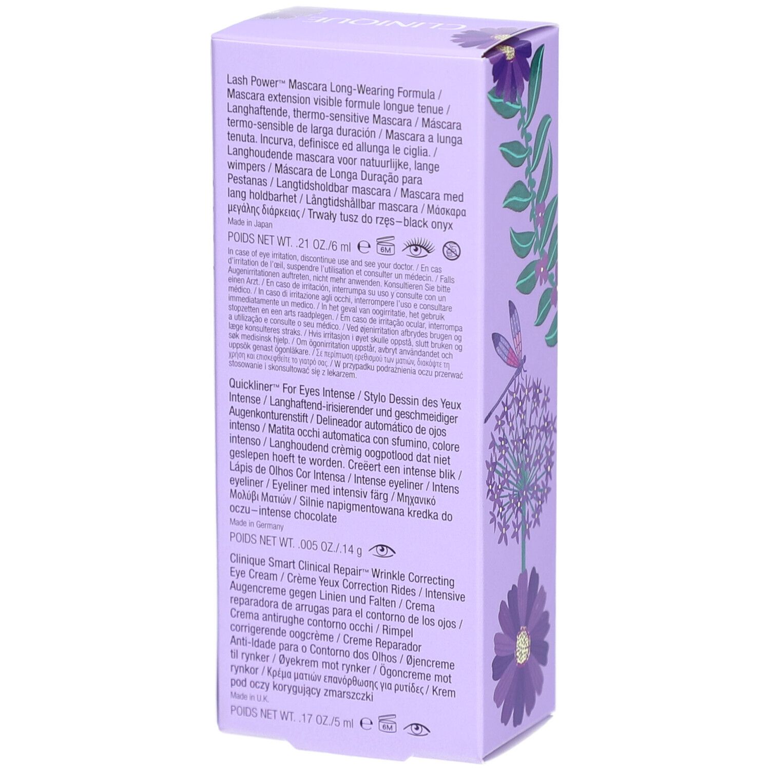 Rückseite der lila Geschenkbox. Text: Inhaltsstoffe, Produktnamen, Gewichtsangaben. Clinique-Logo und Produktnamen.