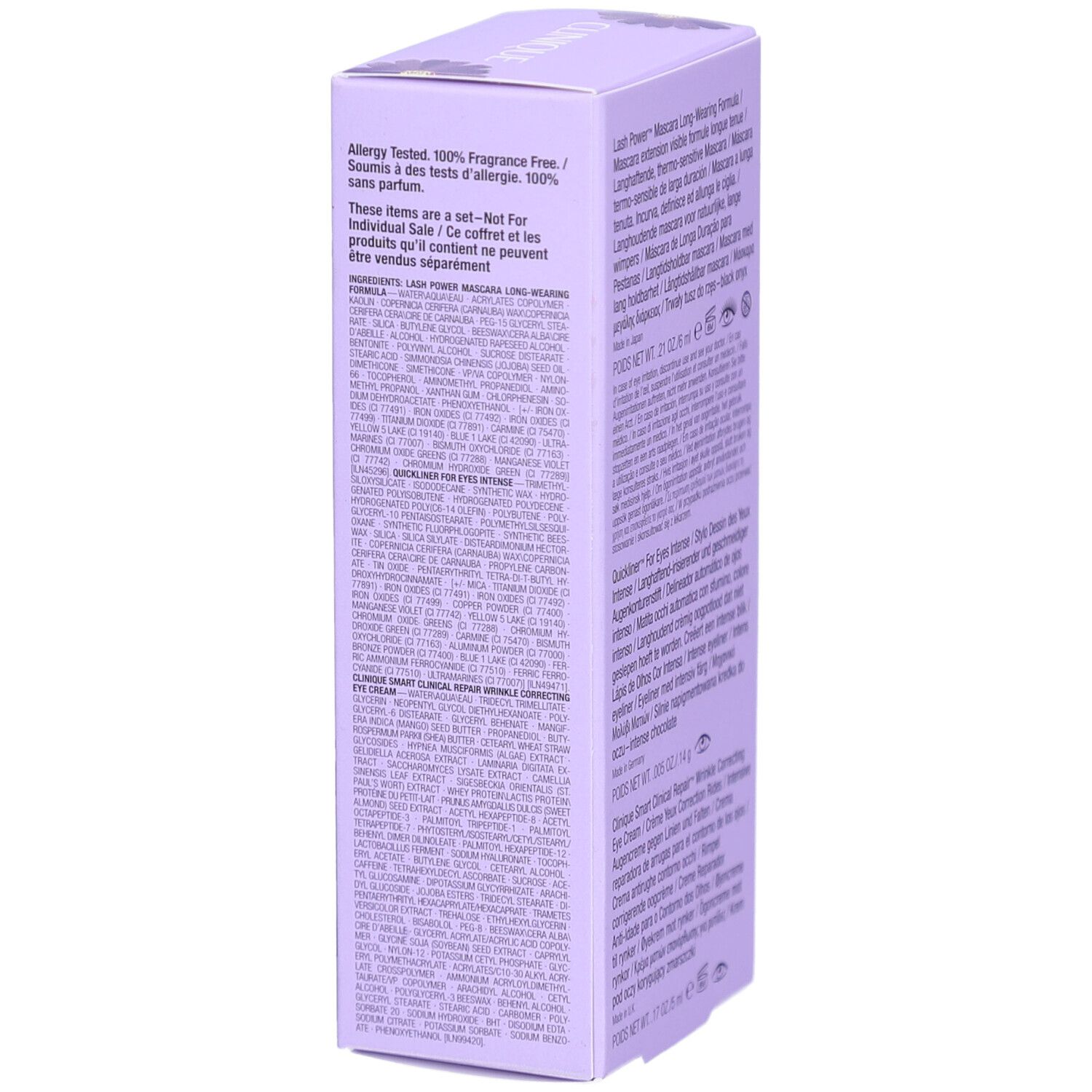 Seite der lila Geschenkbox. Text: Inhaltsstoffe, Allergie-Test, 'Not For Individual Sale'.