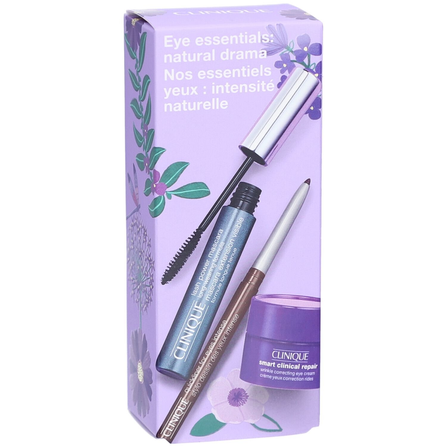 Lila Geschenkbox mit Mascara, Eyeliner und Augencreme. Aufschrift: Eye essentials: natural drama. Clinique-Logo sichtbar.