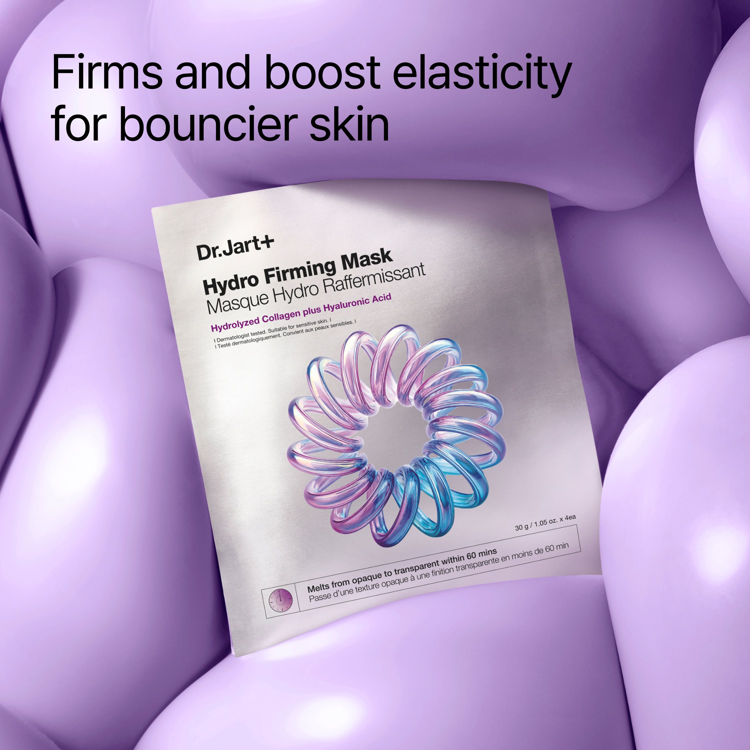 Verpackung mit Maske auf lila Hintergrund. Text: Hydro Firming Mask. Hydrolyzed Collagen plus Hyaluronic Acid.