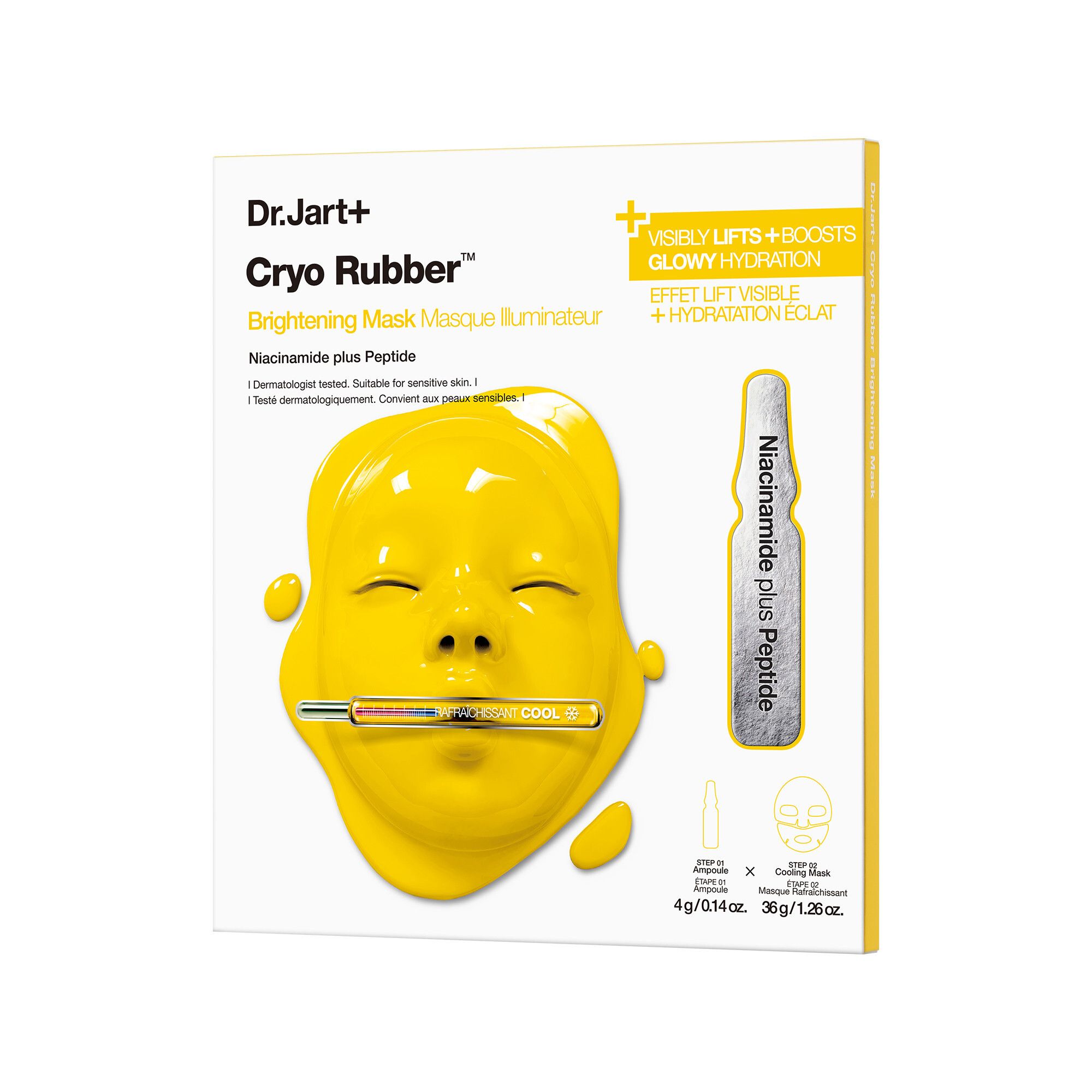 Verpackung von Dr.Jart+ Cryo Rubber™ Brightening Mask. Enthält Maske und Ampulle. Gelbe Maske mit Gesichtszügen.