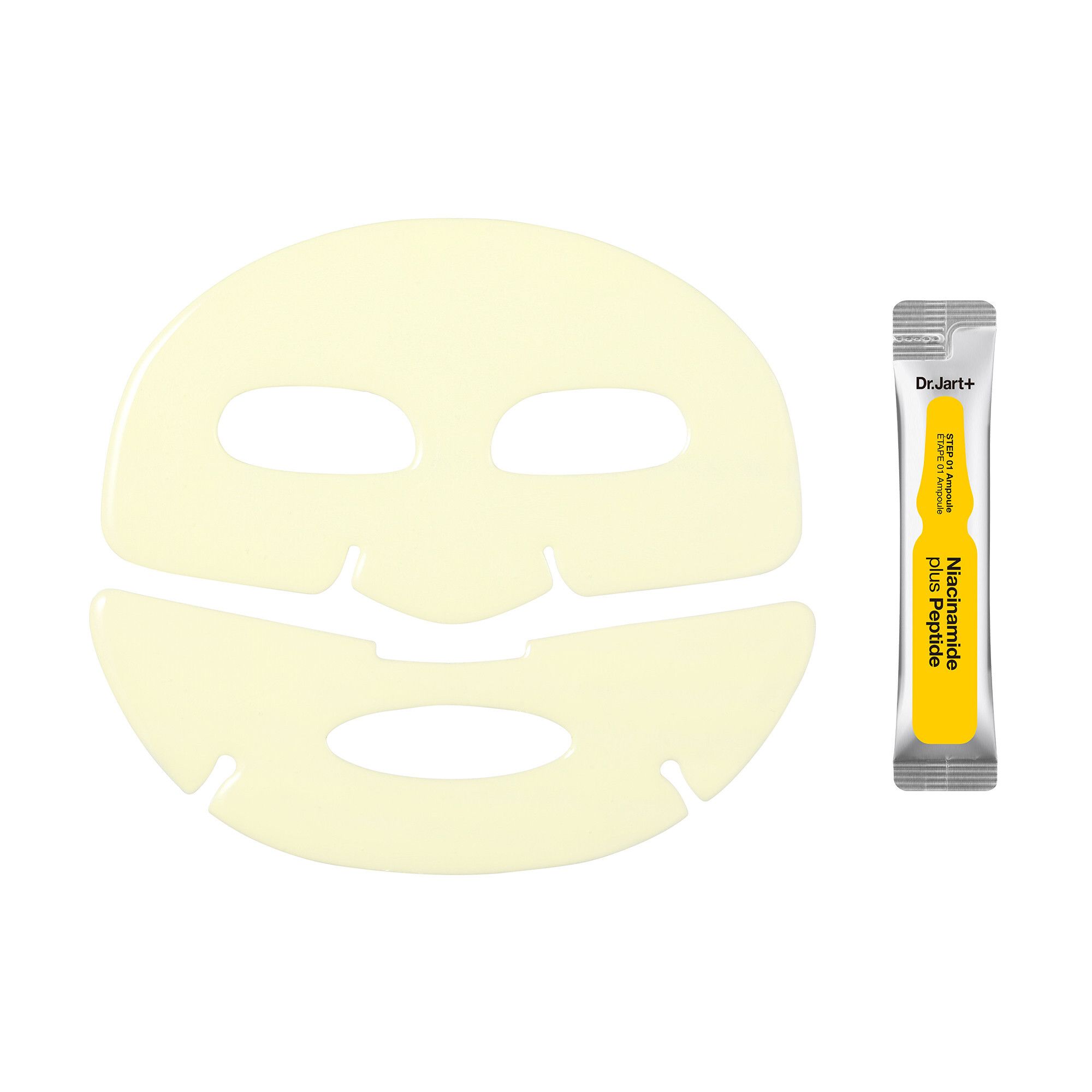 Dr.Jart+ Cryo Rubber™ Brightening Mask. Gelbes Maskenblatt mit Gesichtszügen und eine Ampulle.
