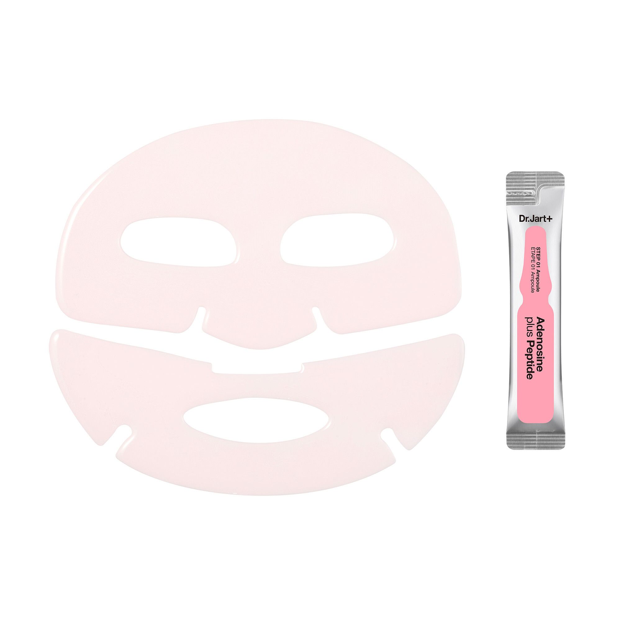 Rosa Gesichtsmaske und Ampulle. Maske mit Augen-, Nasen- und Mundöffnungen. Ampulle mit Text: Adenosine plus Peptide.