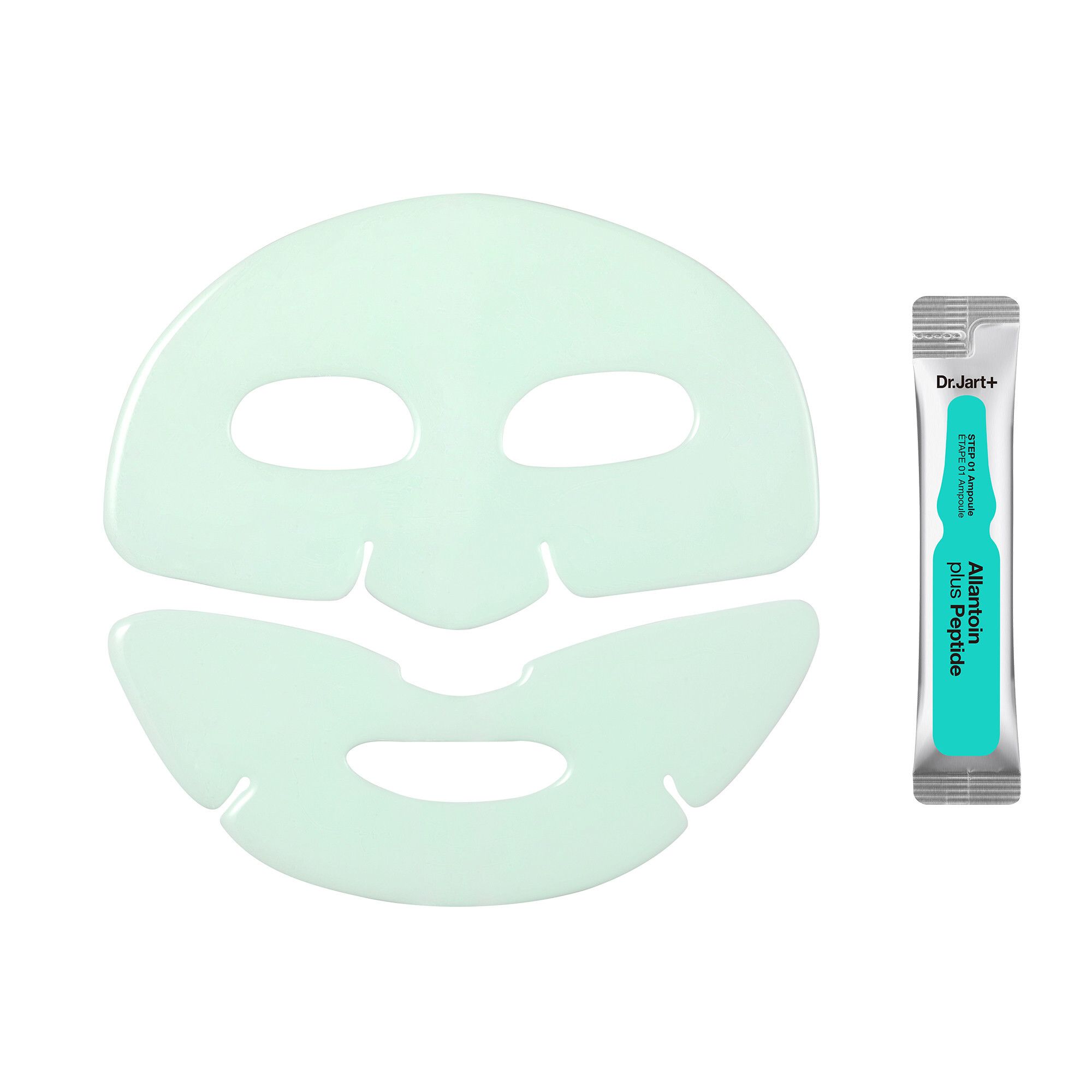 Hellgrüne Gesichtsmaske und Ampulle. Maske in zwei Teilen. Ampulle mit Text. Marke: Dr.Jart+.