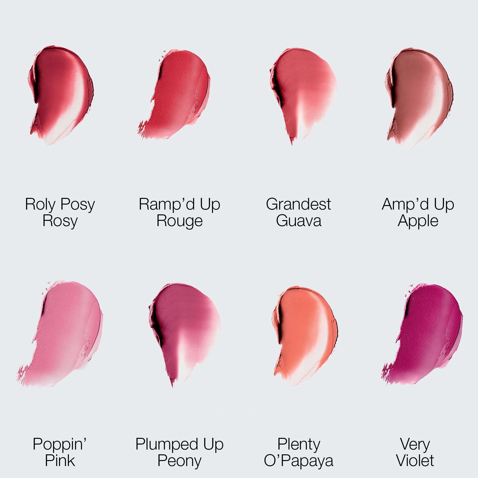 Farbkleckse von Clinique Chubby Stick. Verschiedene Farben, darunter Plumped Up Peony.
