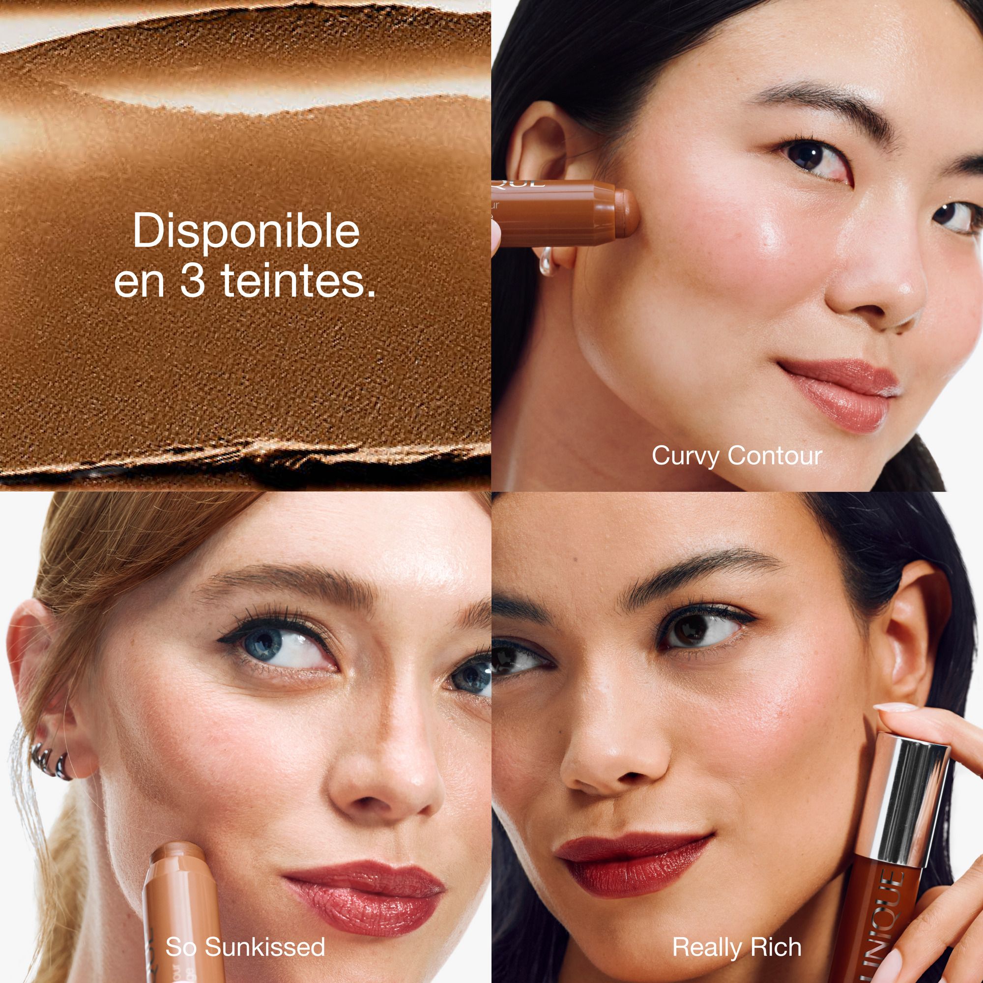 Vier Bilder. Clinique Chubby Stick. Farbtonbeispiele. Text: 'Disponible en 3 teintes'.