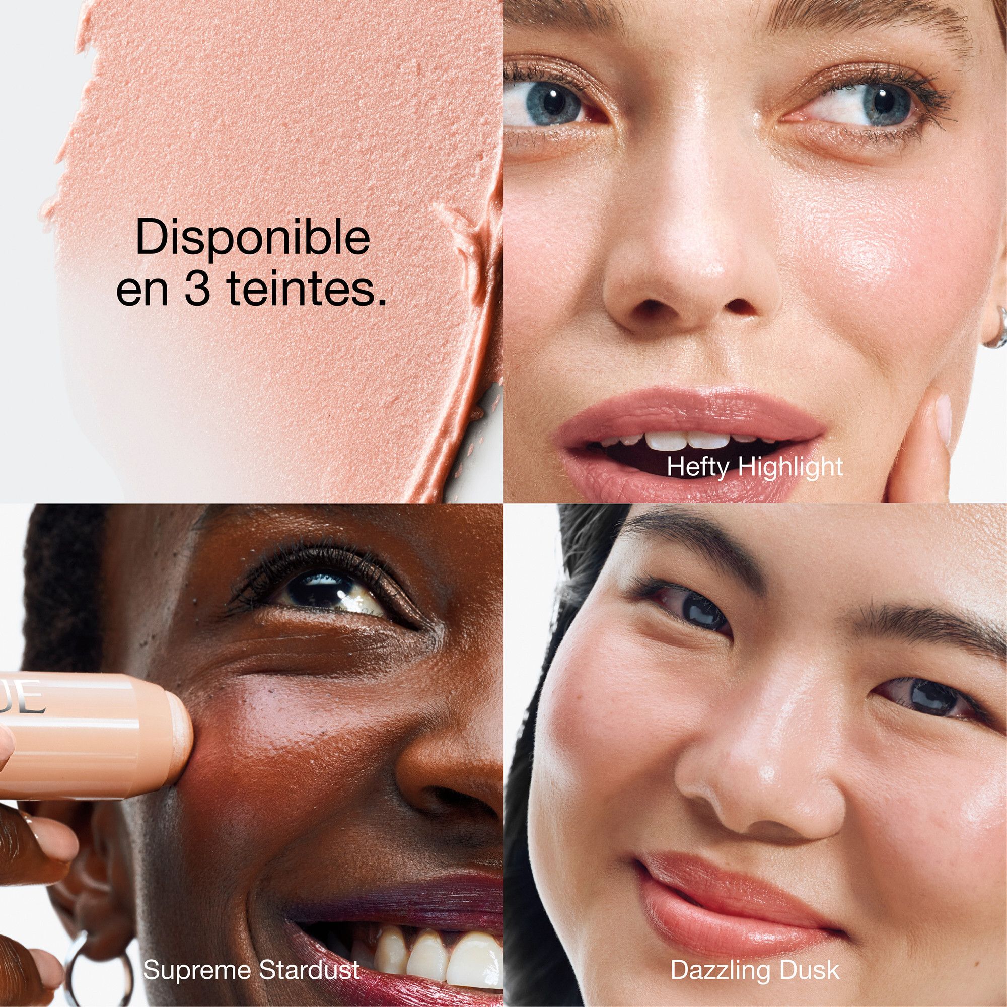 Gesichter mit Highlighter. Text: 'Disponible en 3 teintes'. Verschiedene Hauttöne.
